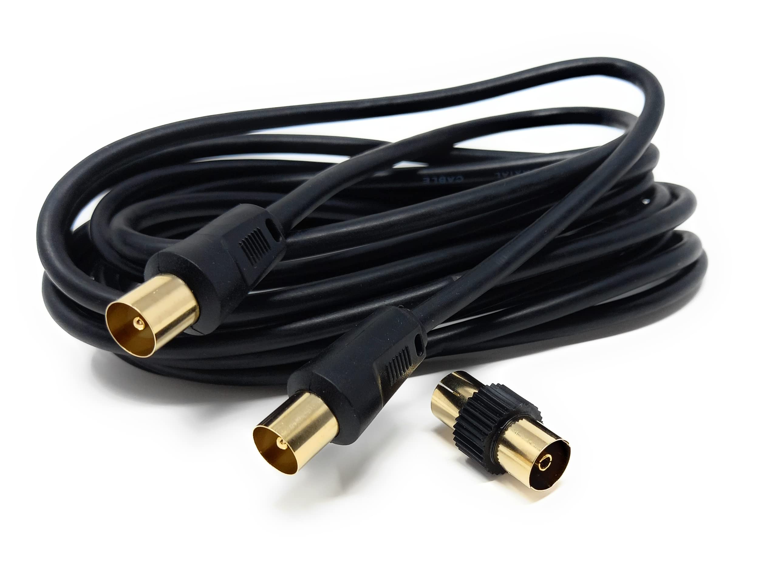 DRUT TV RF Male to Male Aerial Antenna Coaxial Cable With Female to Female Coupler, Gold Connectors 75 ohm, 3C2V