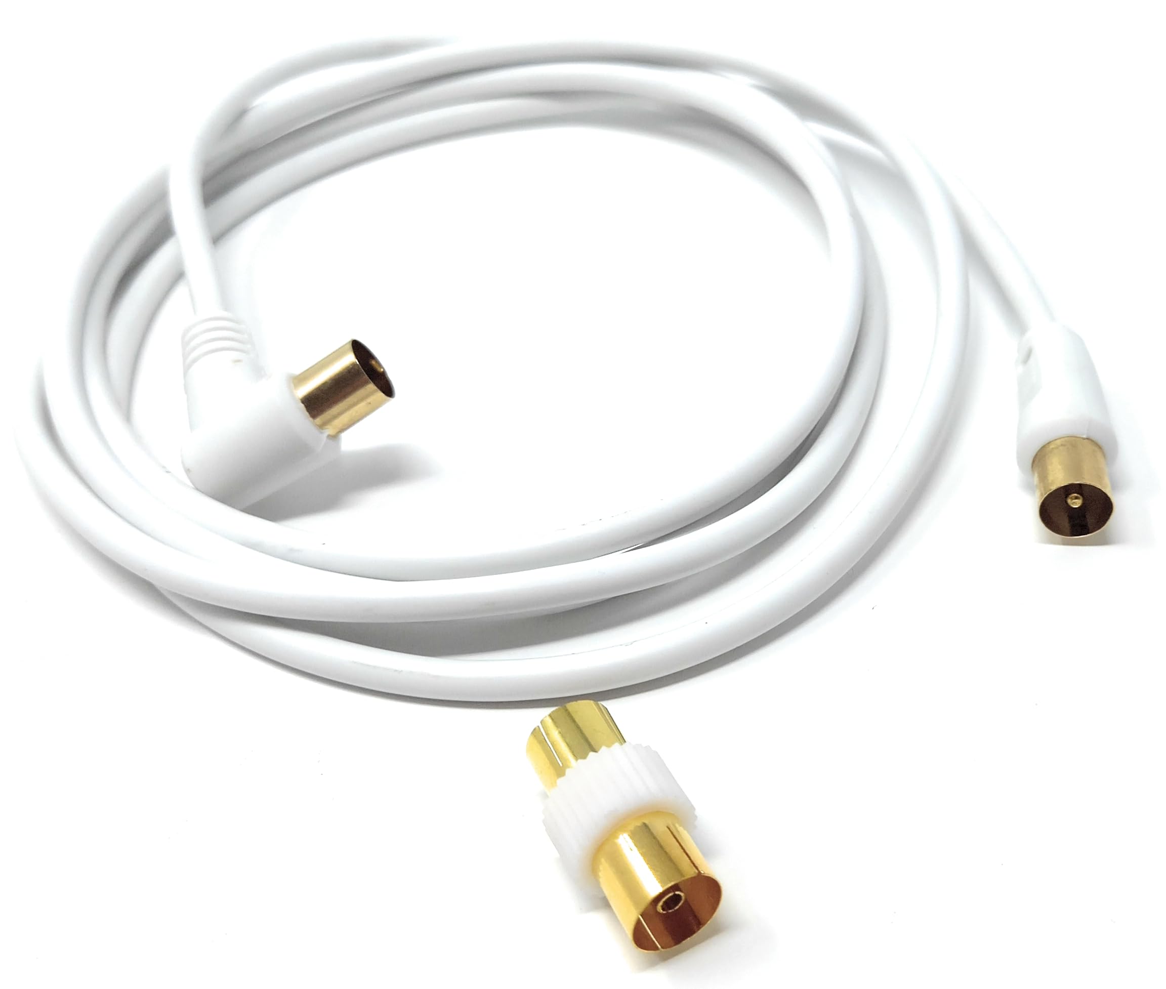 DRUT TV RF Right Angle Male to Male Aerial Antenna Coaxial Cable With Female to Female Coupler Gold Connectors 75 ohm, 3C2V