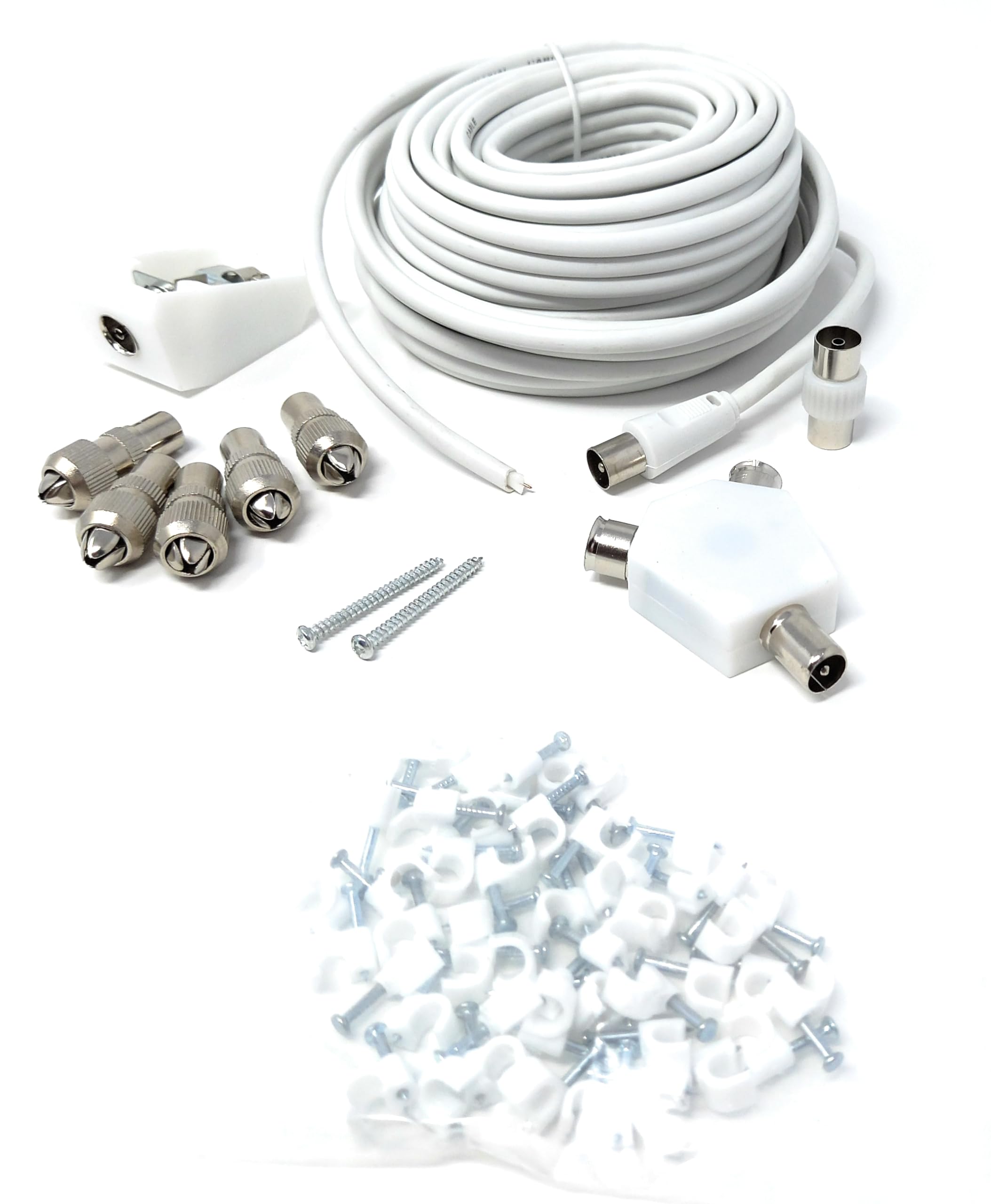 DRUT 15m TV Cable Extension DIY Kit Coaxial Cable, 5 x Coaxial Plugs, 1 x Coaxial Couple, 1 x 2 Way Splitter, 1 x Coaxial Surface Mount Socket and 50 Cable Clips,