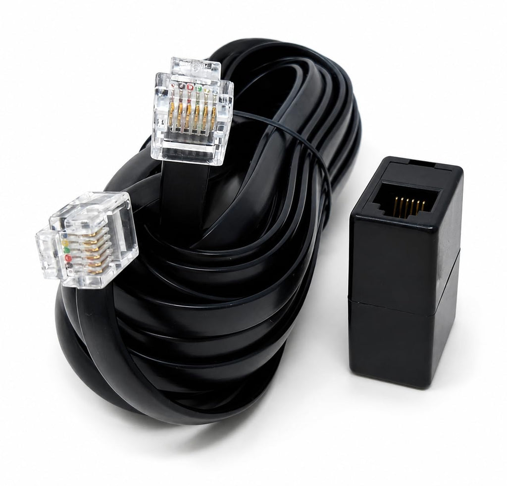 DRUT RJ12 to RJ12 (RJ11) 6-Pin Male to Male Cable with Female Coupler, Gold-Plated Connectors for BT Telephone, Broadband, and Modem Extension