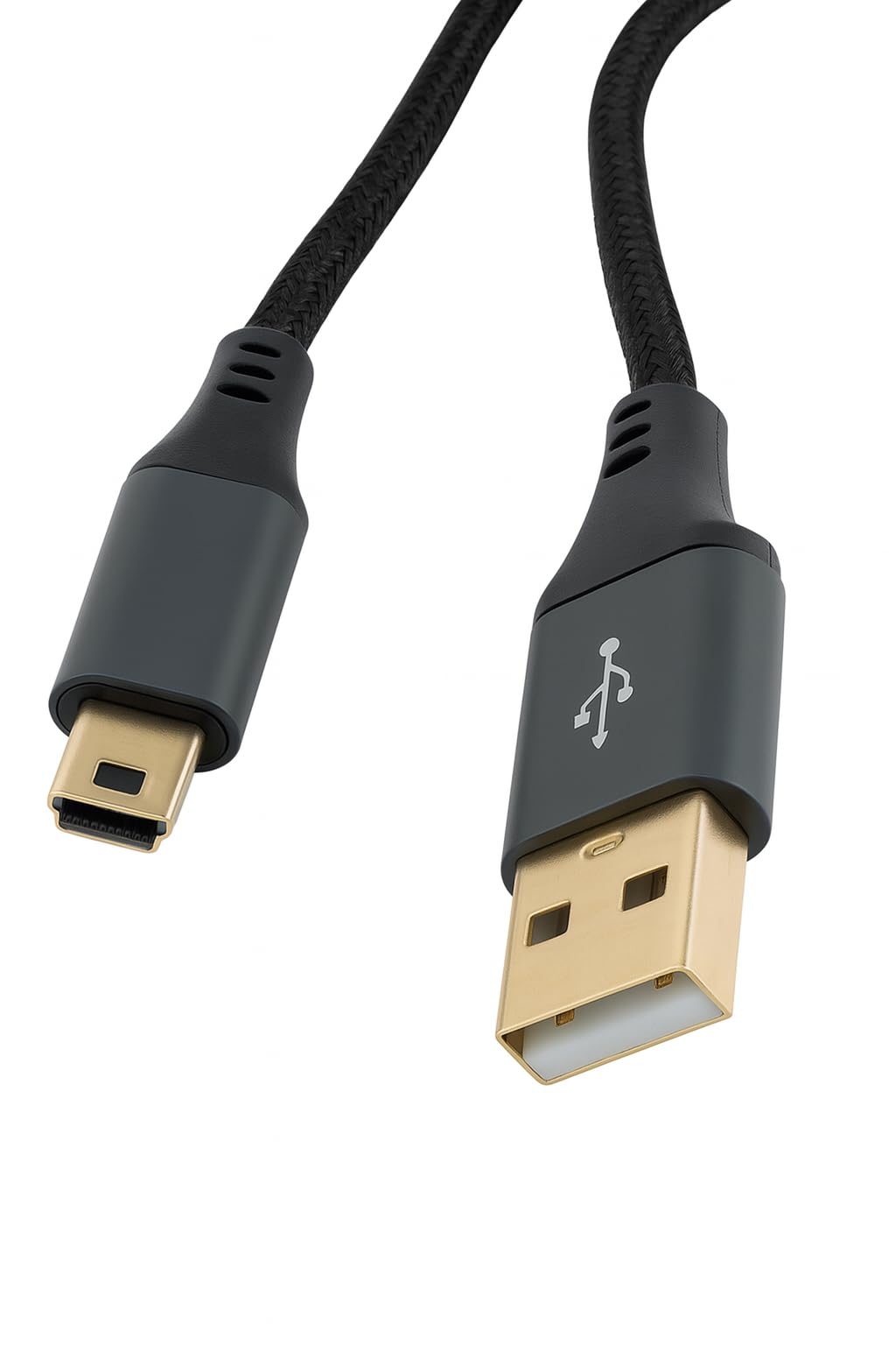 USB 2.0 A to Mini-B 5-Pin Braided Cable – Metal Ends, 24AWG Power & Data Lead, Hi-Speed Transfer