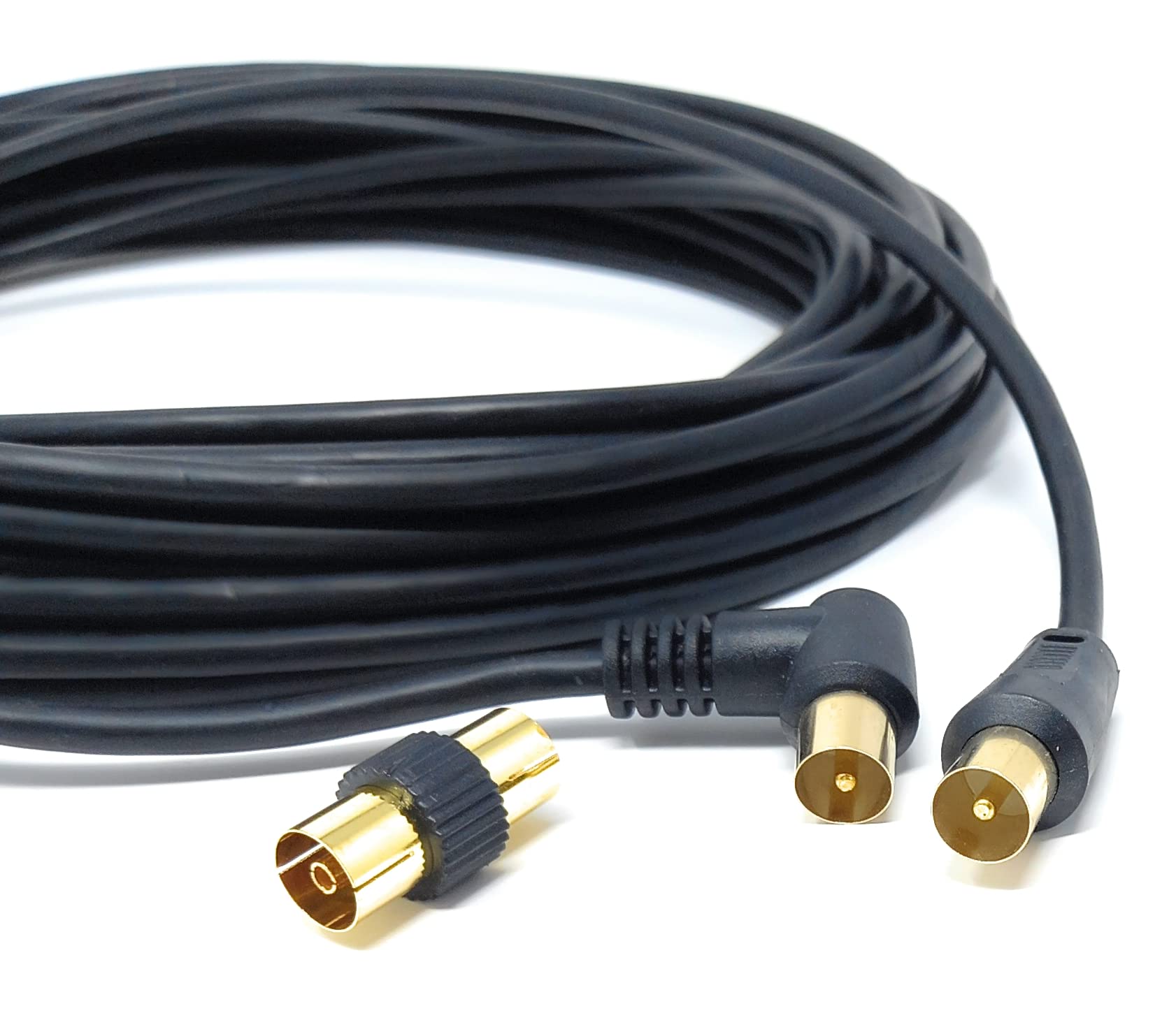 DRUT TV RF Right Angle Male to Male Aerial Antenna Coaxial Cable With Female to Female Coupler Gold Connectors 75 ohm, 3C2V