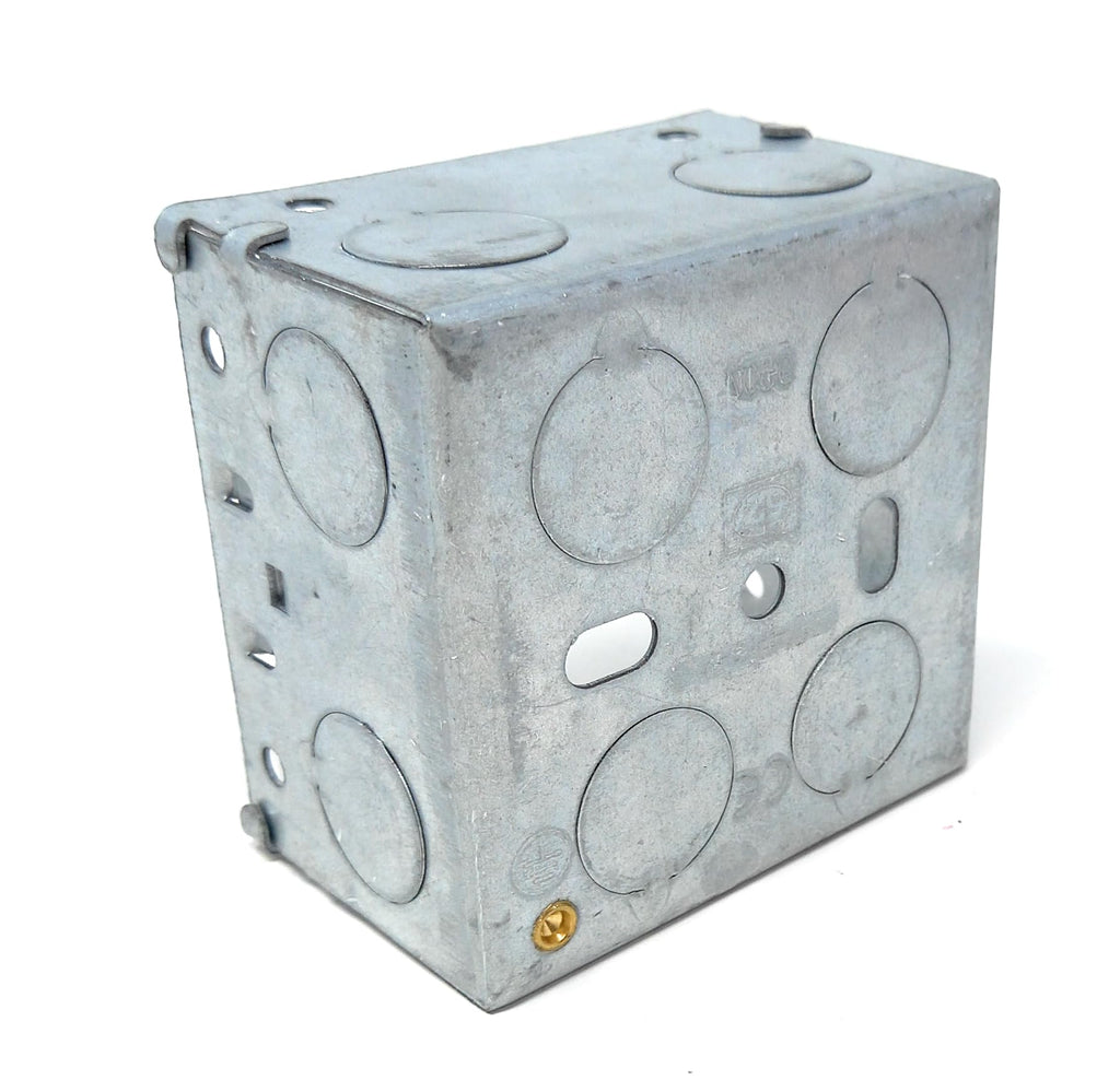 1 Gang Galvanised Steel Pattress Box with Brass Earth Terminal – 47mm Depth Back Box for Electrical Faceplates