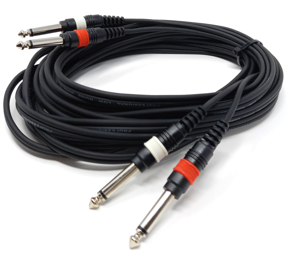 Twin 6.35mm Mono 2 x Jack to 2 x Jack Shielded Cable Lead, Rubber Reliefs, Helical PVC Cord, Nickel Connectors