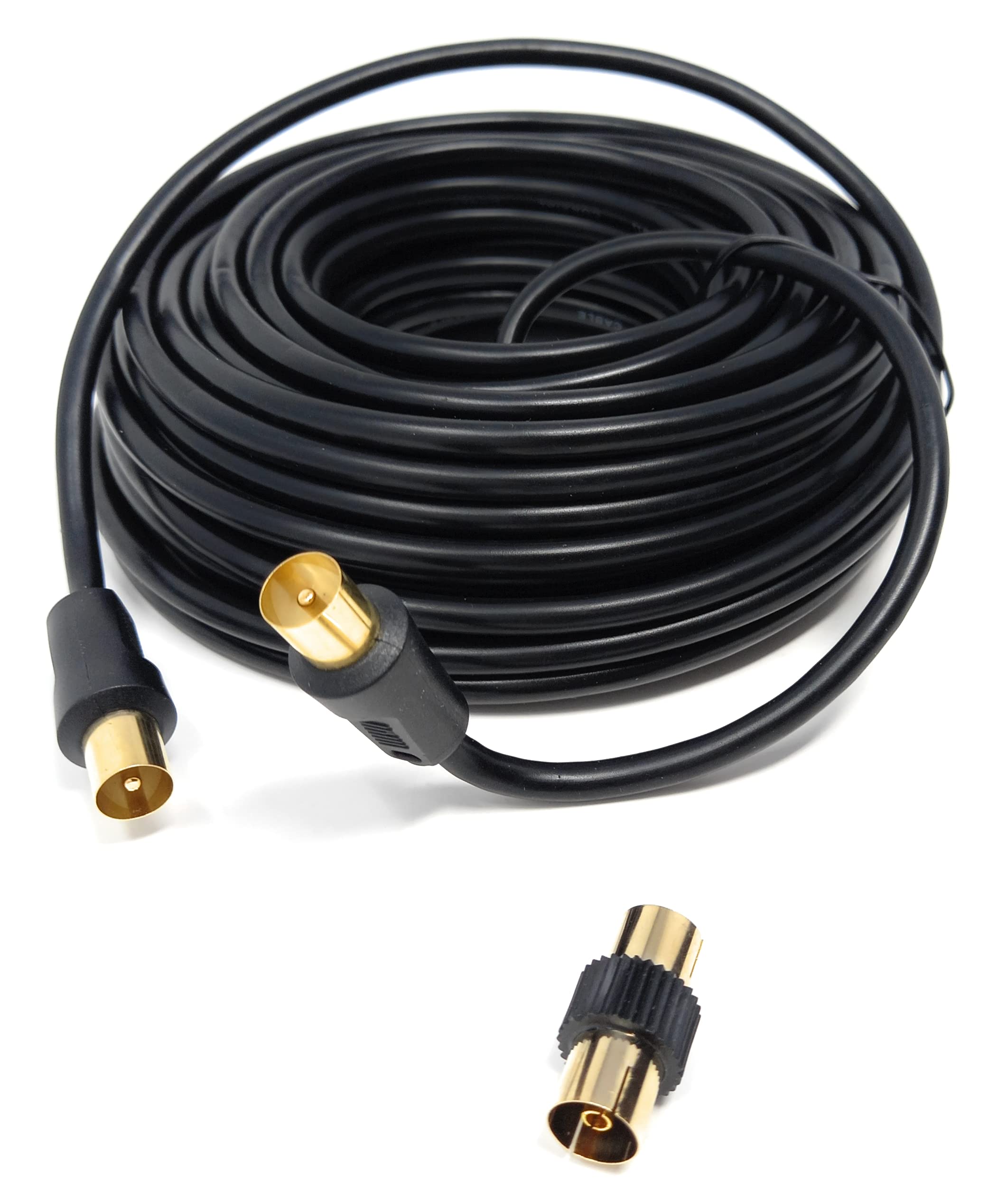 DRUT TV RF Male to Male Aerial Antenna Coaxial Cable With Female to Female Coupler, Gold Connectors 75 ohm, 3C2V
