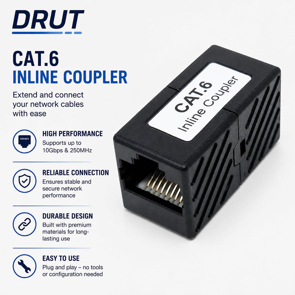 DRUT CAT6 RJ45 Coupler Gigabit Ethernet Joiner, Female to Female Socket Adapter, for CAT6/CAT5e/CAT5 LAN Network Cable Extension