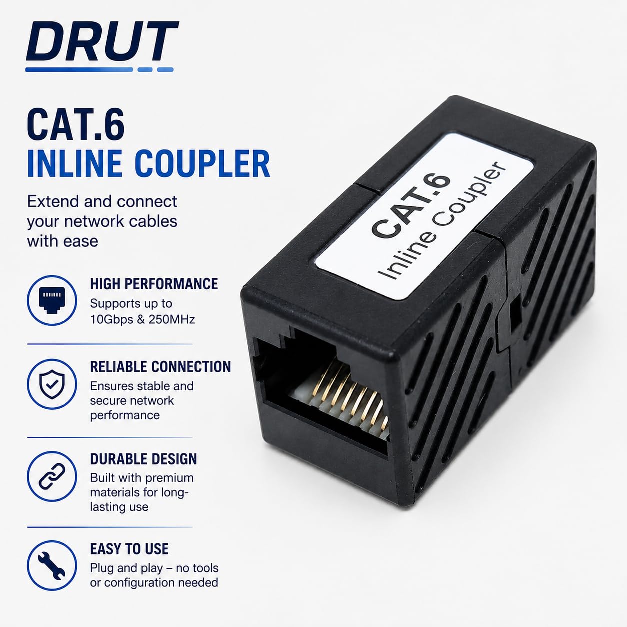 DRUT CAT6 RJ45 Coupler Gigabit Ethernet Joiner, Female to Female Socket Adapter, for CAT6/CAT5e/CAT5 LAN Network Cable Extension