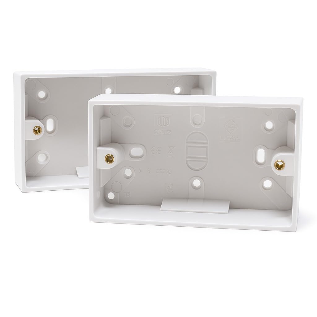 2 Gang Surface Mount Back Box – White Pattress 147mm x 86mm x 32mm, Durable Electrical & Network Faceplate Mounting Box
