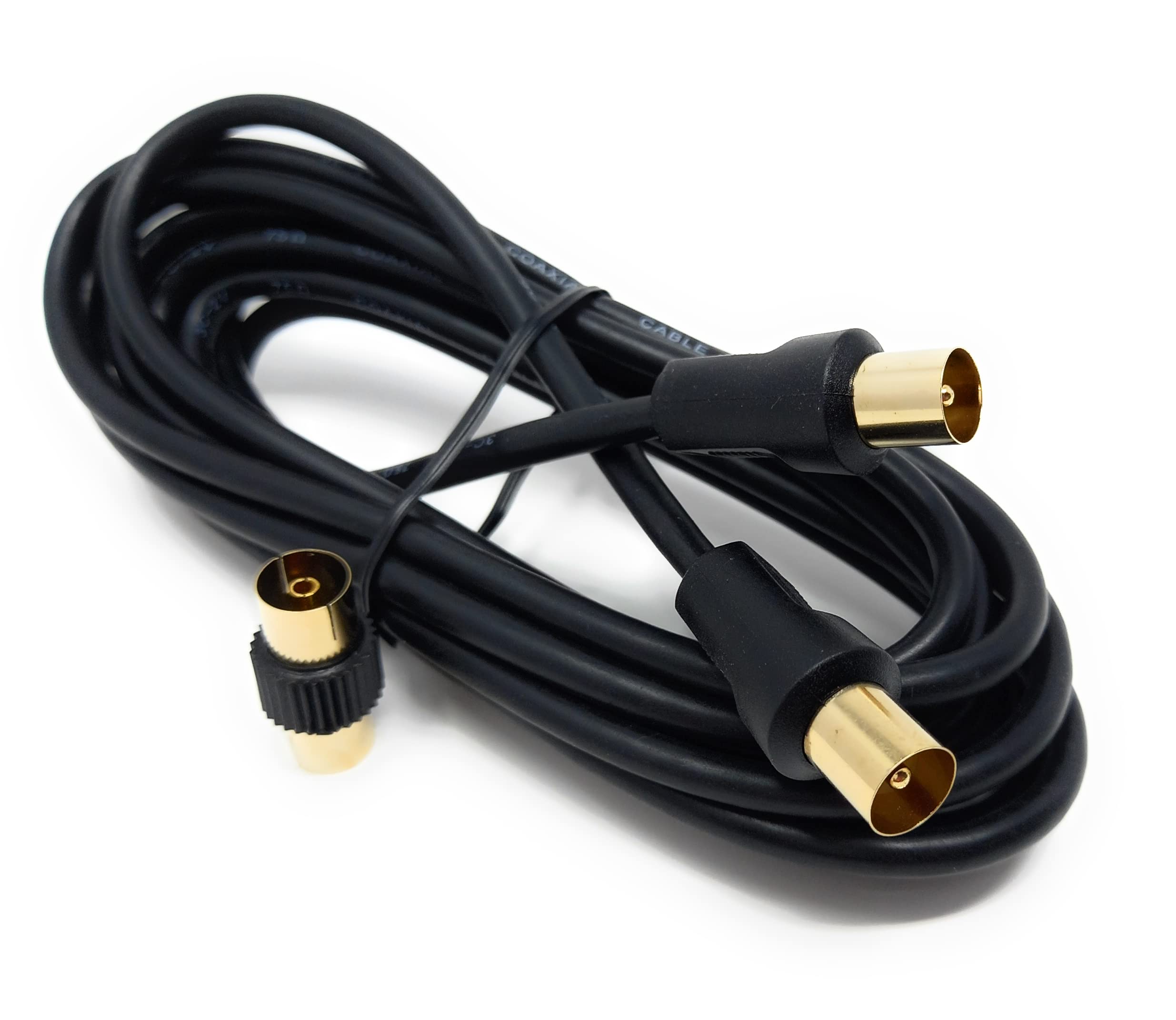 DRUT TV RF Male to Male Aerial Antenna Coaxial Cable With Female to Female Coupler, Gold Connectors 75 ohm, 3C2V