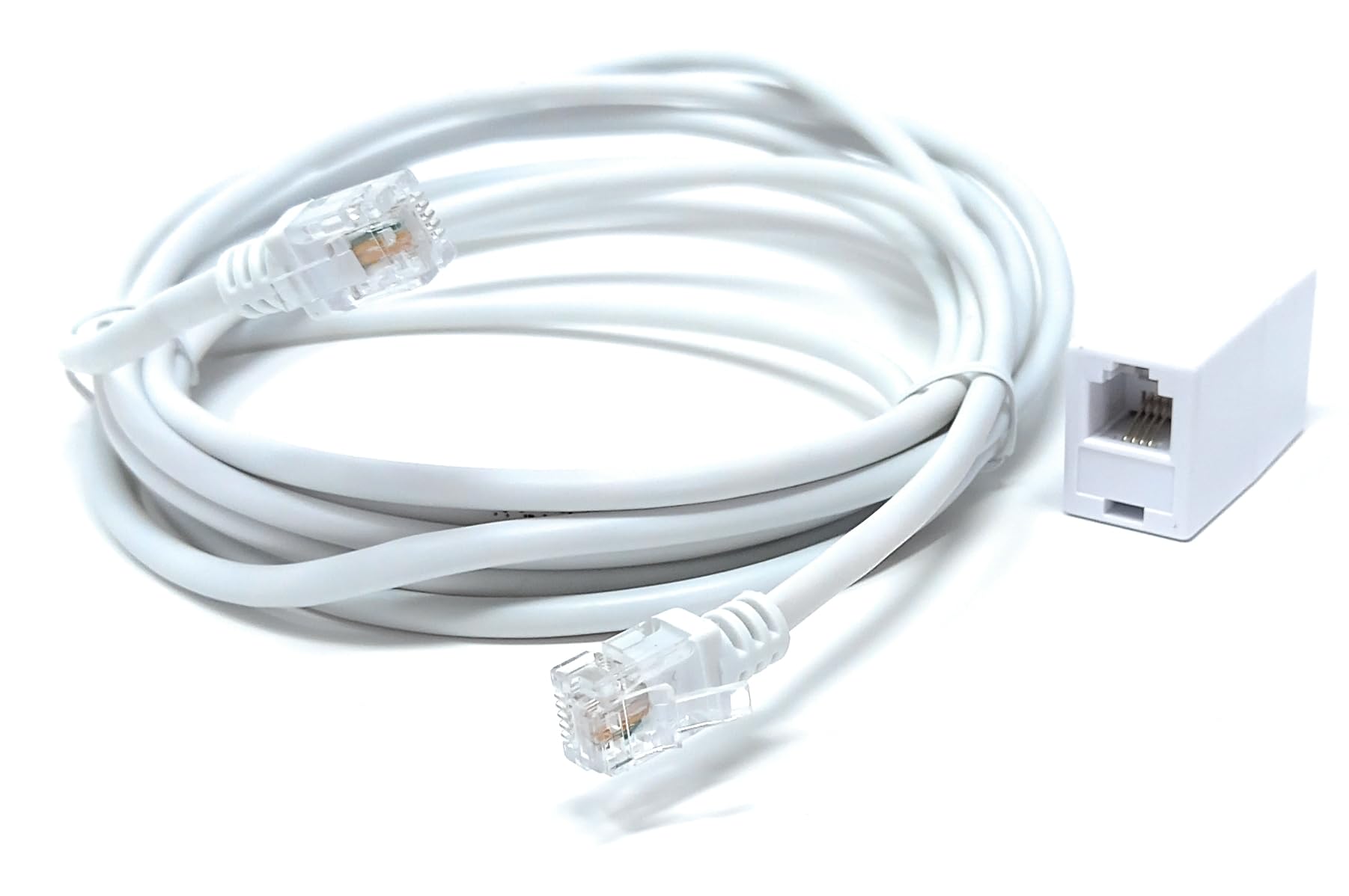 DRUT RJ11 to RJ11 ADSL 2+ Male to Male Cable with Female Coupler, BT Telephone, Broadband, Modem Extension Lead, Gold Plated Connectors