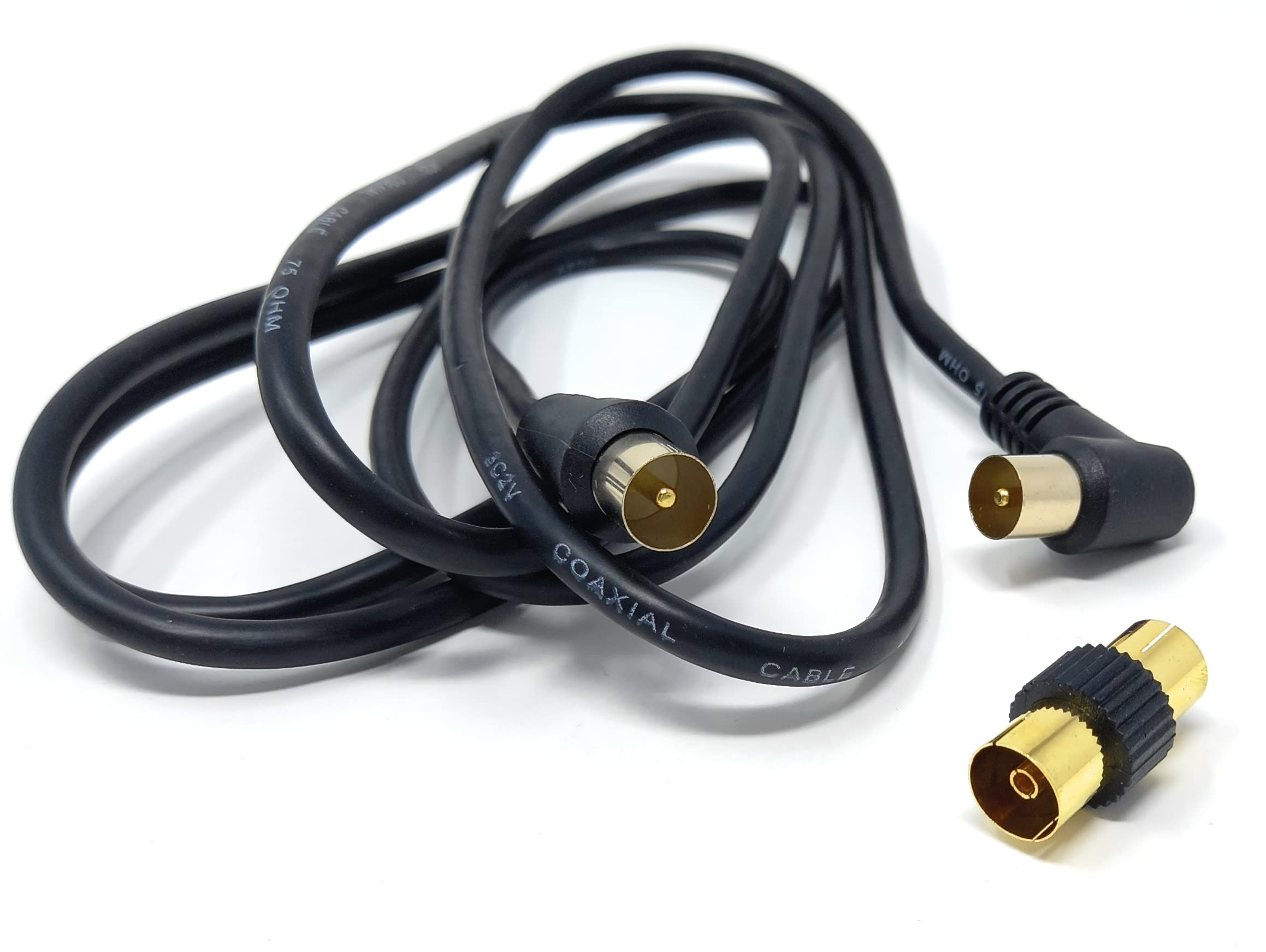 DRUT TV RF Right Angle Male to Male Aerial Antenna Coaxial Cable With Female to Female Coupler Gold Connectors 75 ohm, 3C2V