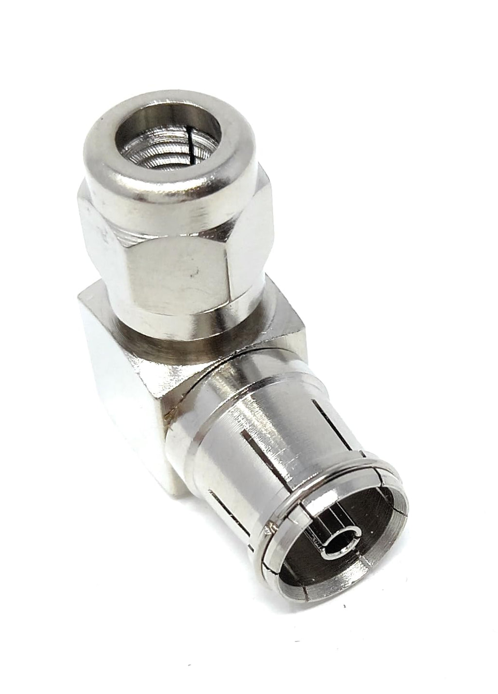 DRUT TV RF Coax Right Angle Adapter, With one end as a socket and the other end as a push-in with a screw, designed for aerial cables