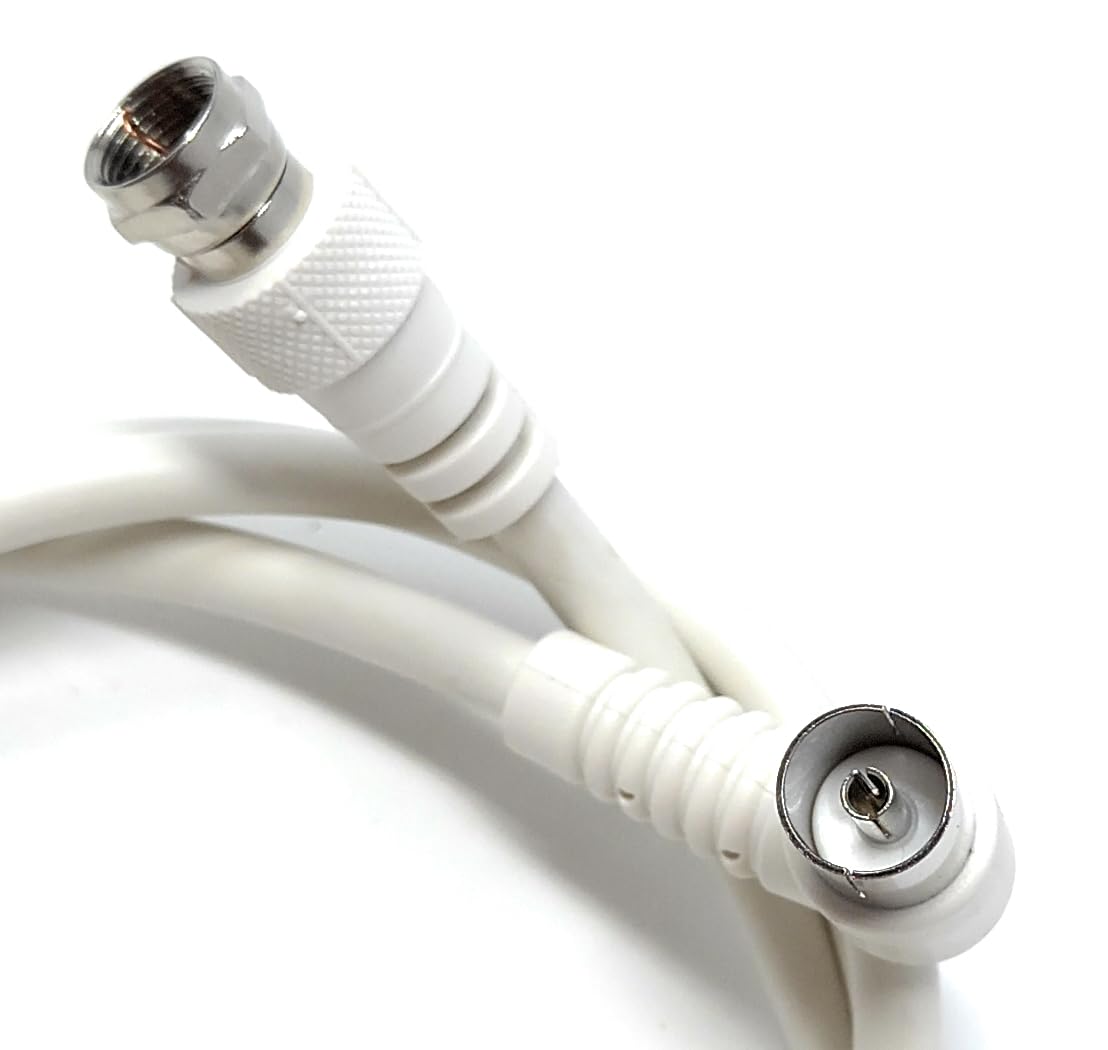 DRUT 1m F Type Male Plug to Right Angled Coax TV Socket Satellite Lead, RG59 75Ohm White Cable 3.3ft