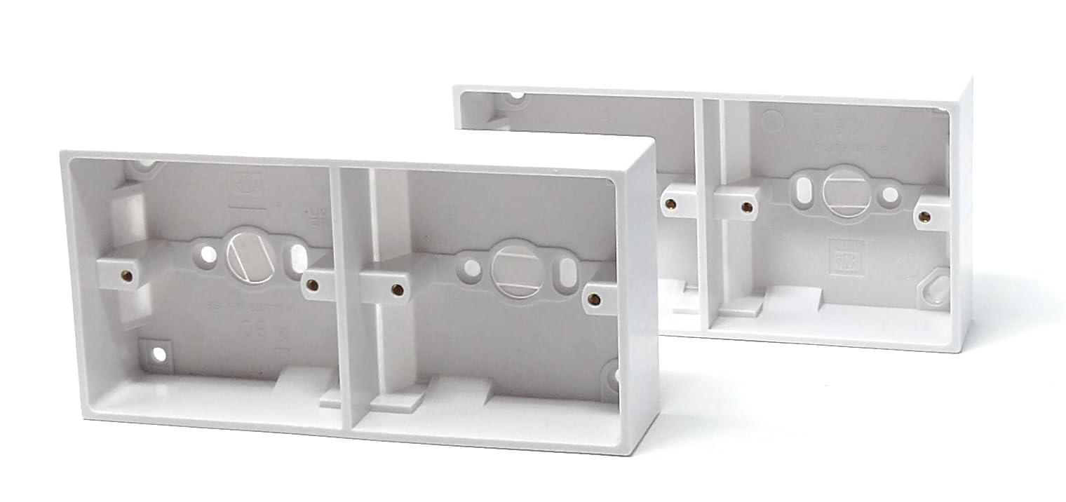 2-Gang Surface Mount Back Box – White Electrical Pattress Box, 172mm x 86mm x 35mm, Twin for Sockets and Switches