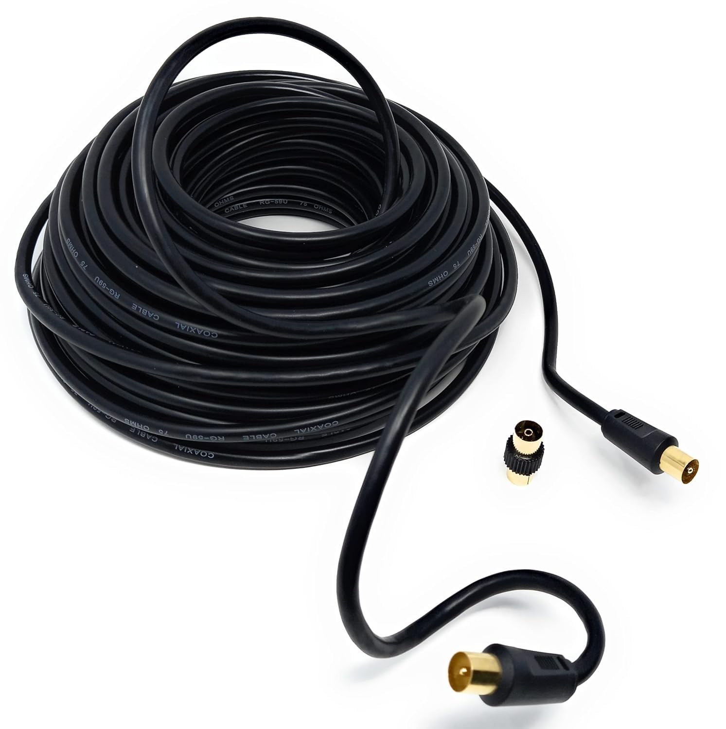 DRUT TV RF Male to Male Aerial Antenna Coaxial Cable With Female to Female Coupler, Gold Connectors 75 ohm, 3C2V