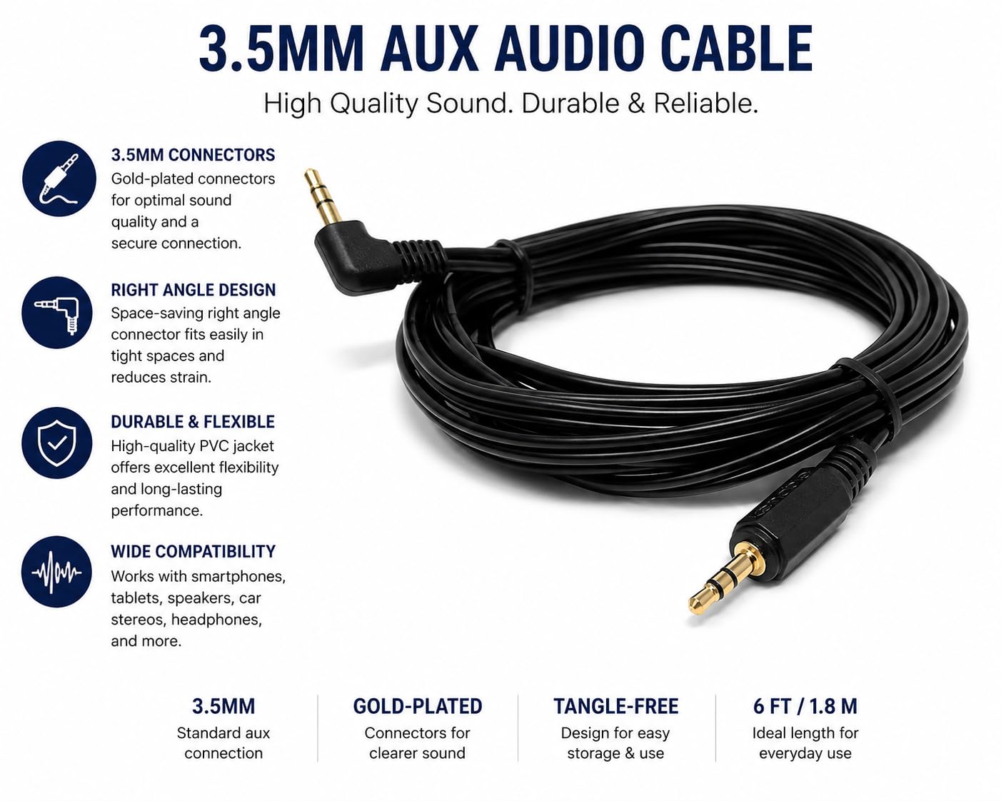 DRUT 3.5mm Right Angle Male Jack to Jack Stereo AUX Audio Lead Cable