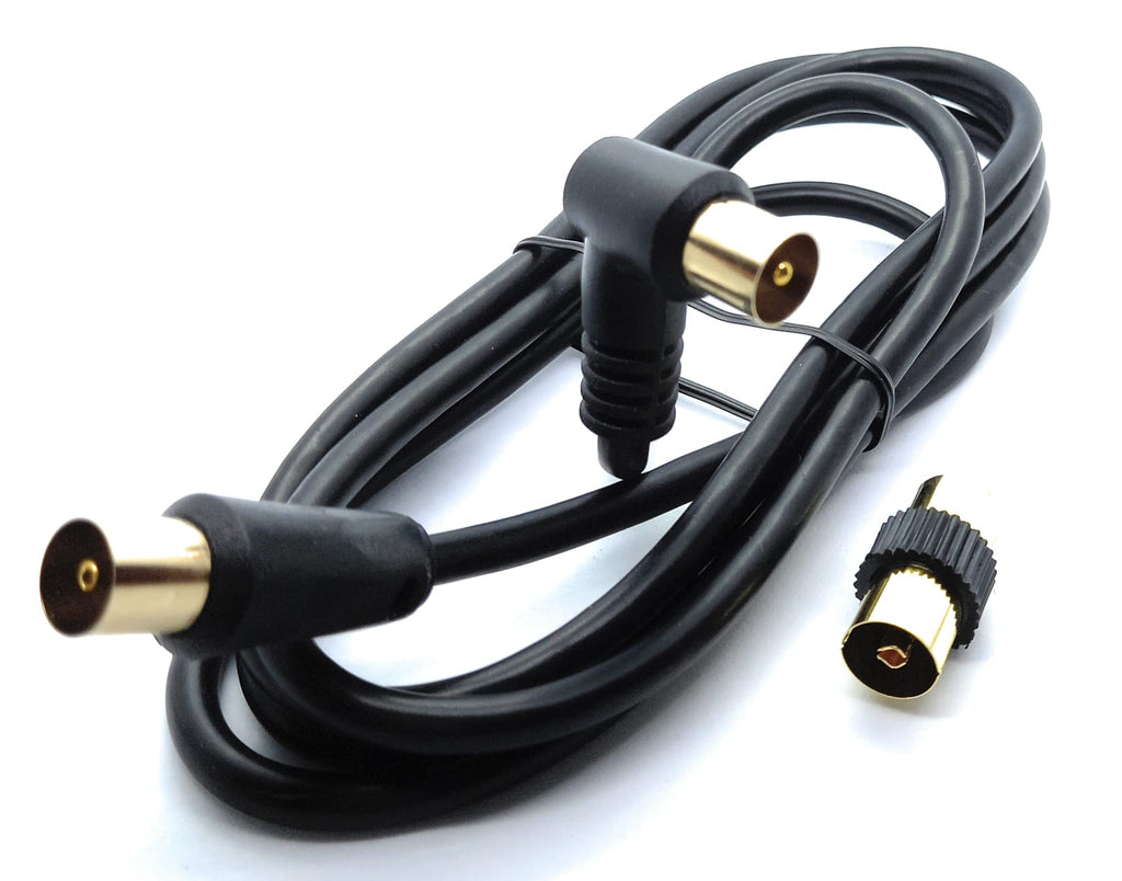 DRUT TV RF Right Angle Male to Male Aerial Antenna Coaxial Cable With Female to Female Coupler Gold Connectors 75 ohm, 3C2V
