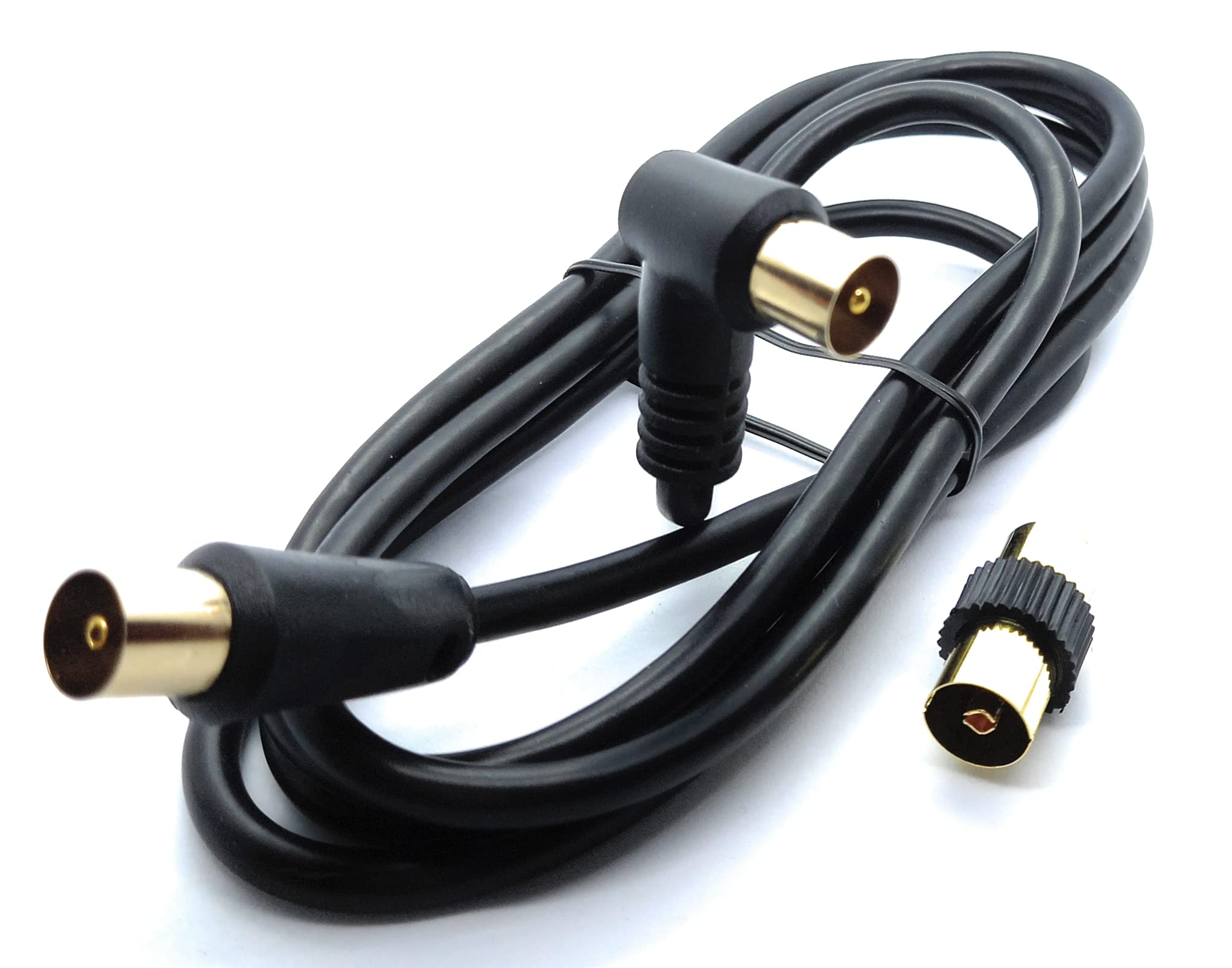 DRUT TV RF Right Angle Male to Male Aerial Antenna Coaxial Cable With Female to Female Coupler Gold Connectors 75 ohm, 3C2V