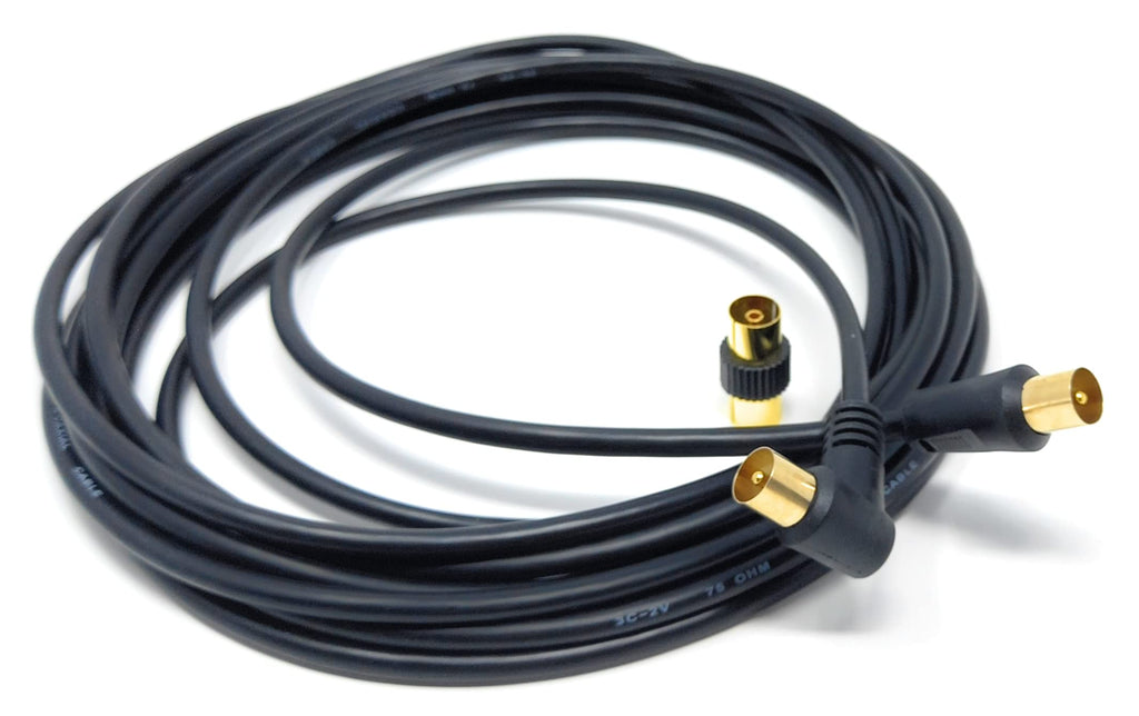 DRUT TV RF Right Angle Male to Male Aerial Antenna Coaxial Cable With Female to Female Coupler Gold Connectors 75 ohm, 3C2V