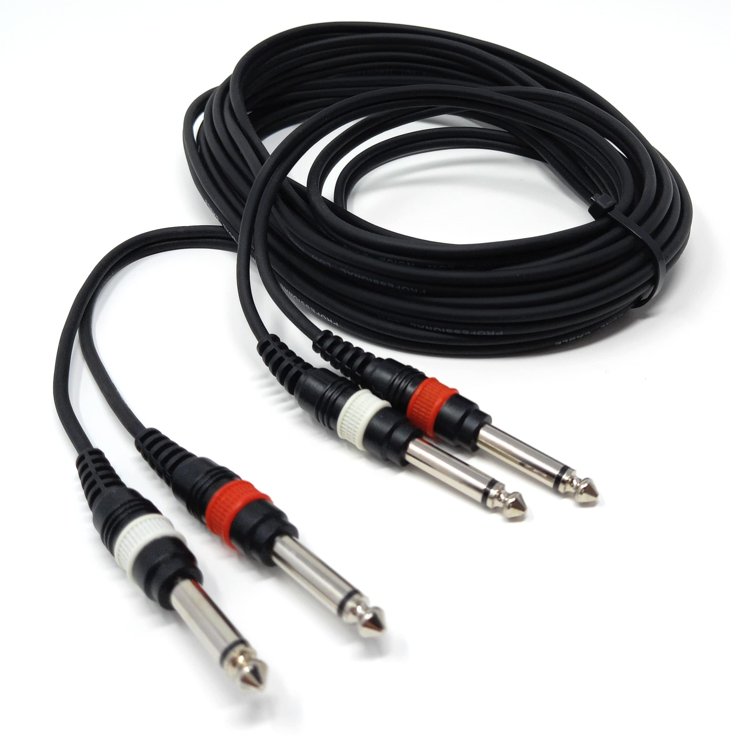 Twin 6.35mm Mono 2 x Jack to 2 x Jack Shielded Cable Lead, Rubber Reliefs, Helical PVC Cord, Nickel Connectors