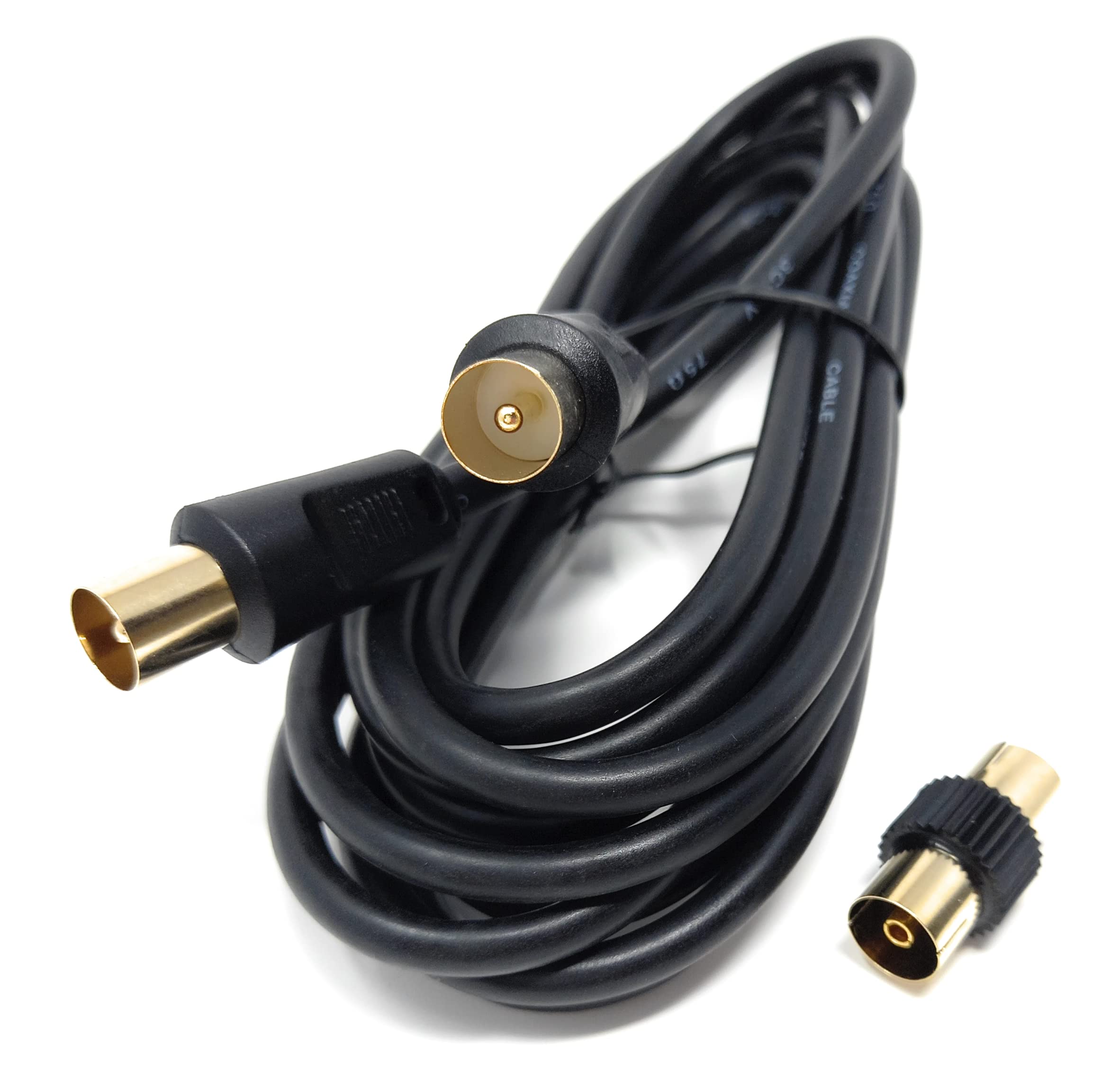 DRUT TV RF Male to Male Aerial Antenna Coaxial Cable With Female to Female Coupler, Gold Connectors 75 ohm, 3C2V