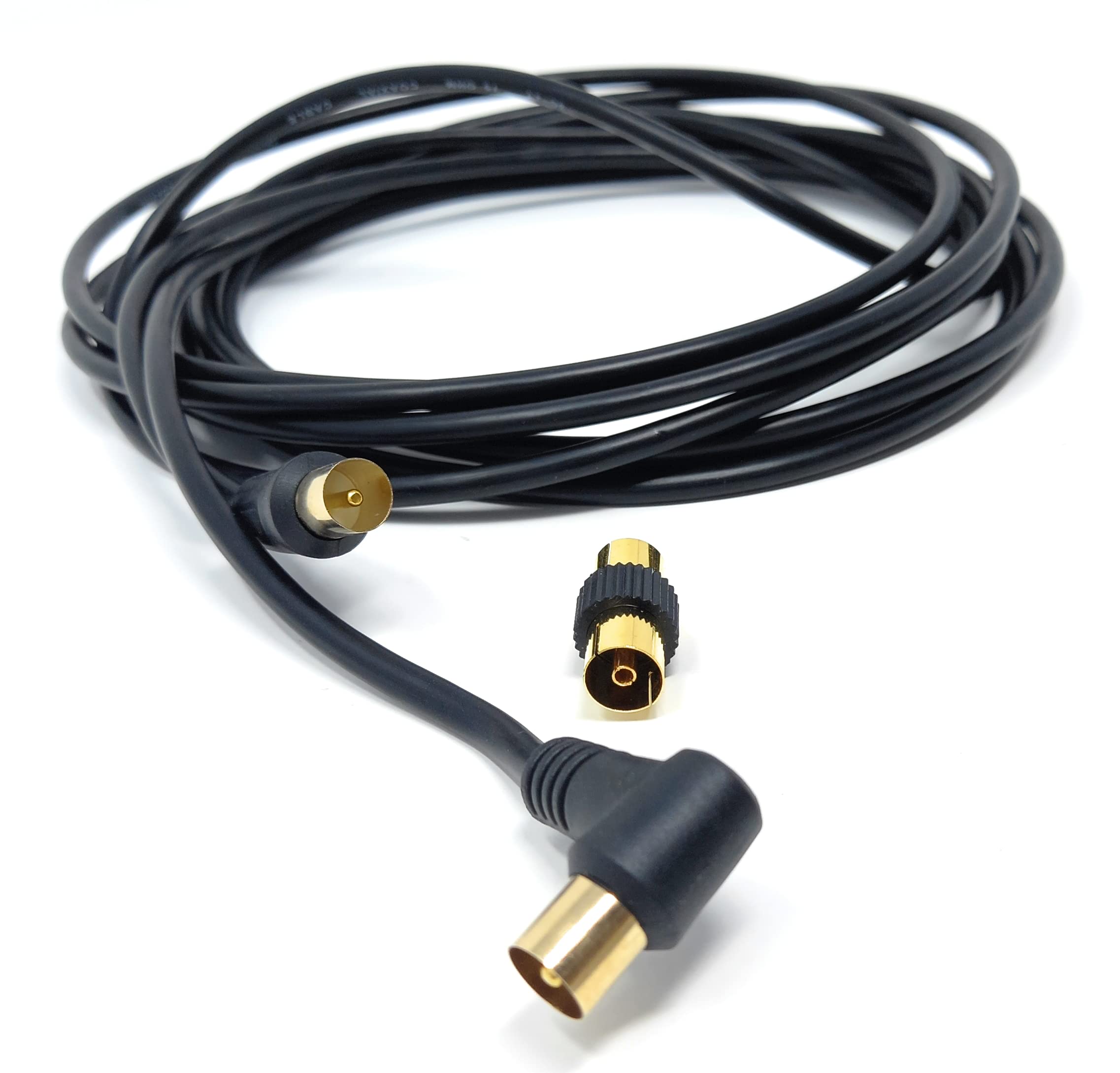DRUT TV RF Right Angle Male to Male Aerial Antenna Coaxial Cable With Female to Female Coupler Gold Connectors 75 ohm, 3C2V