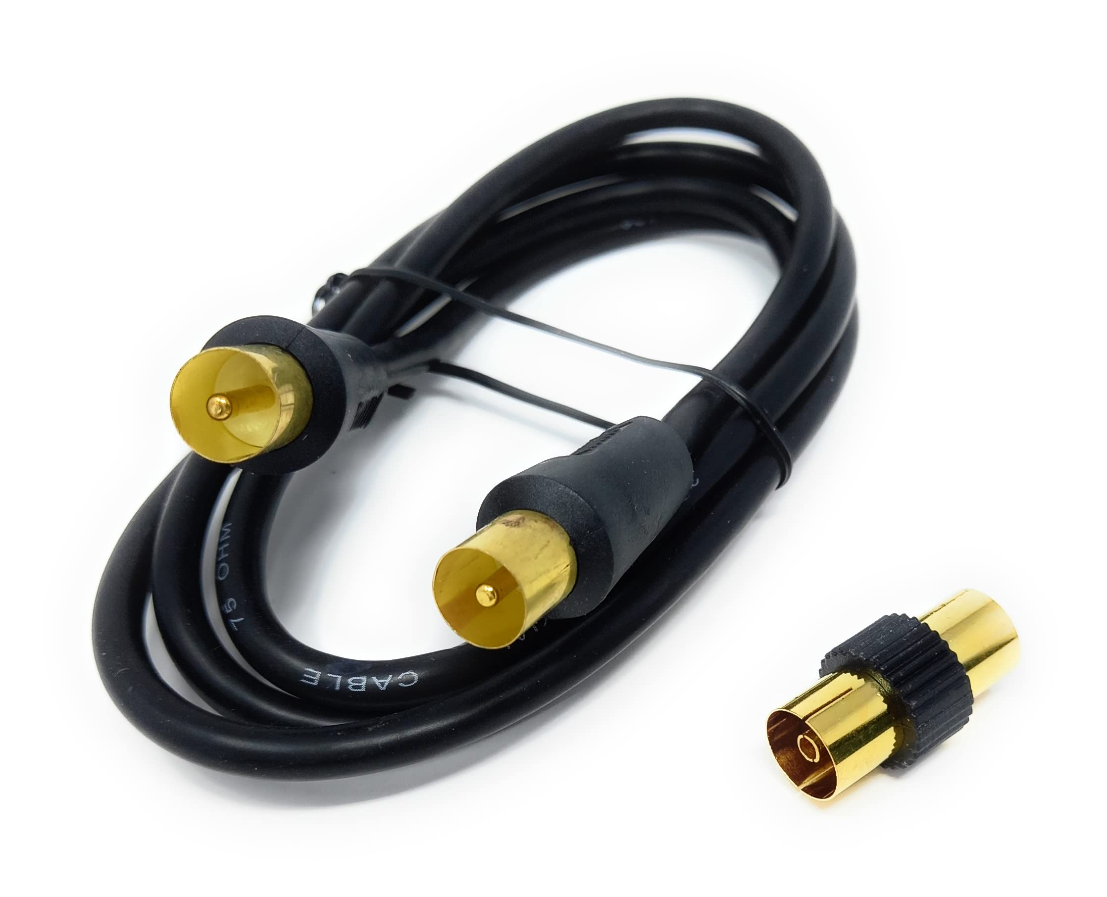 DRUT TV RF Male to Male Aerial Antenna Coaxial Cable With Female to Female Coupler, Gold Connectors 75 ohm, 3C2V