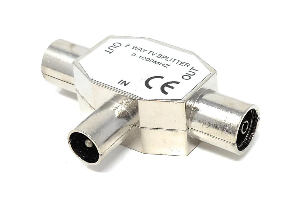DRUT 2 Port TV RF Coax T Splitter, 1 Male to 2 Female Aerial Adapter, Metal Coaxial Signal Splitter 0–1000MHz for TV, Freeview, Antenna, Satellite & Radio Connection