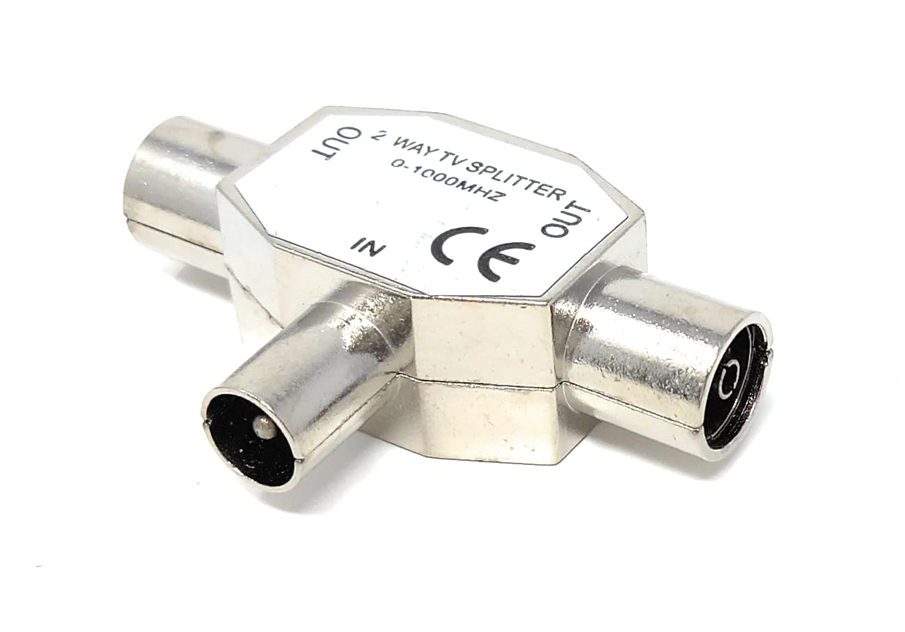 DRUT 2 Port TV RF Coax T Splitter, 1 Male to 2 Female Aerial Adapter, Metal Coaxial Signal Splitter 0–1000MHz for TV, Freeview, Antenna, Satellite & Radio Connection