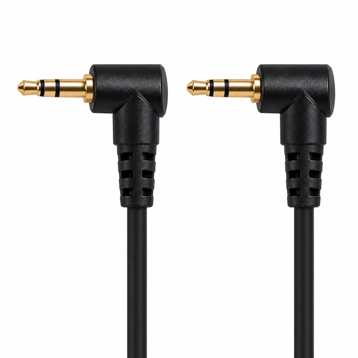 Two right-angle 3.5mm stereo jack plugs with cables extending downward on white