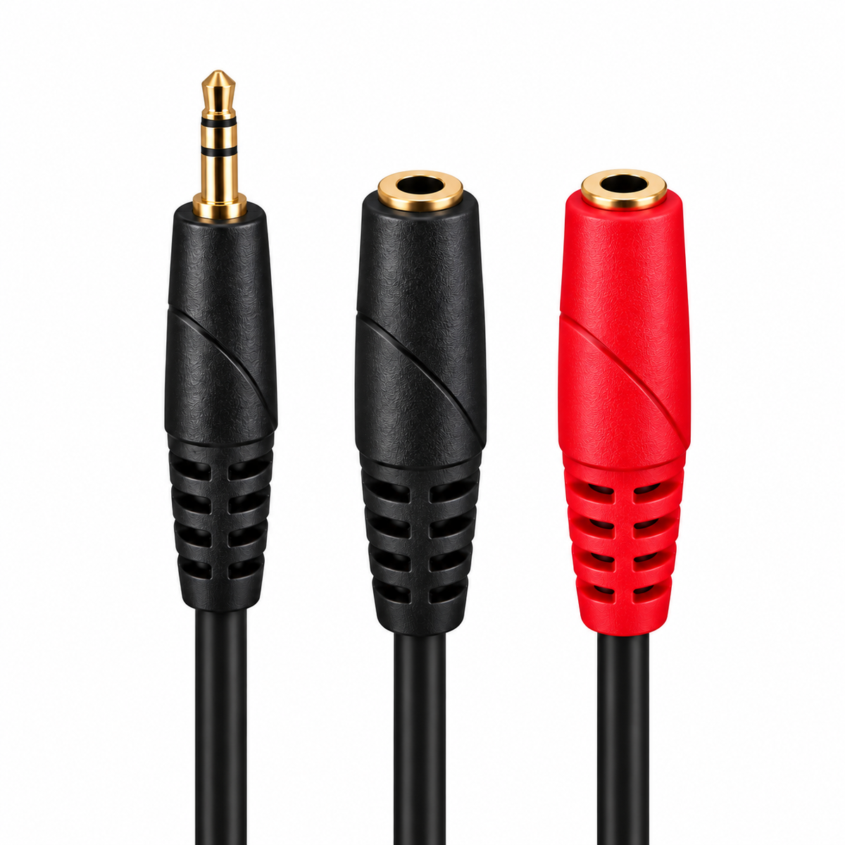 3.5mm stereo plug and red and black 3.5mm mono sockets upright on white