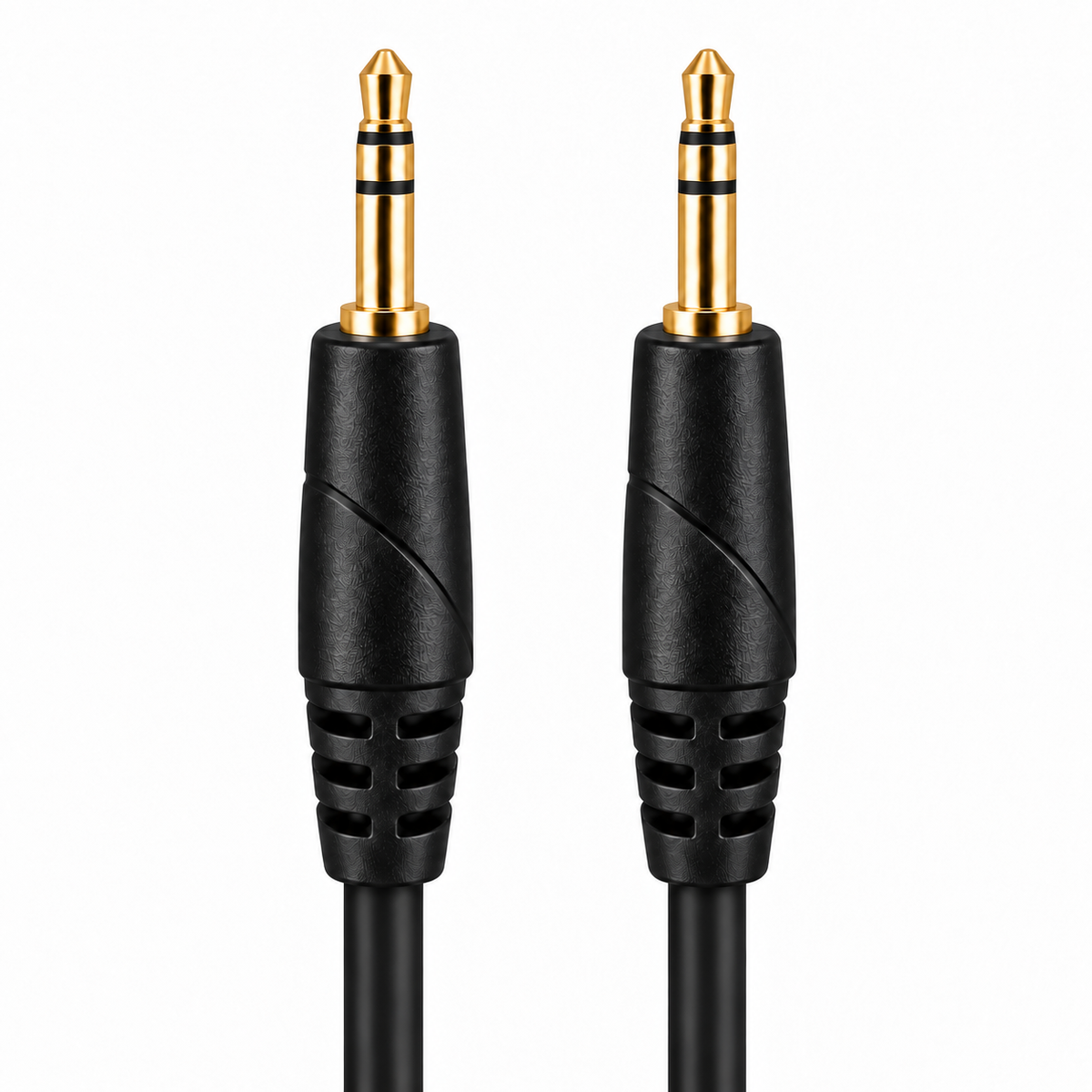 Two upright 3.5mm stereo jack plugs with long gold tips on a white background