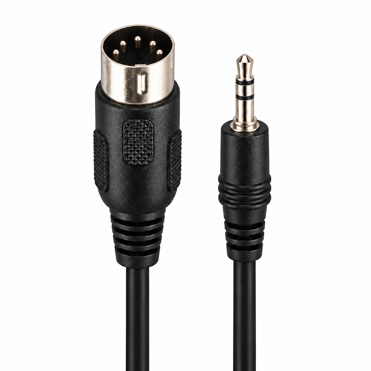 3.5mm stereo plug and 5-pin DIN plug aligned in a square product image