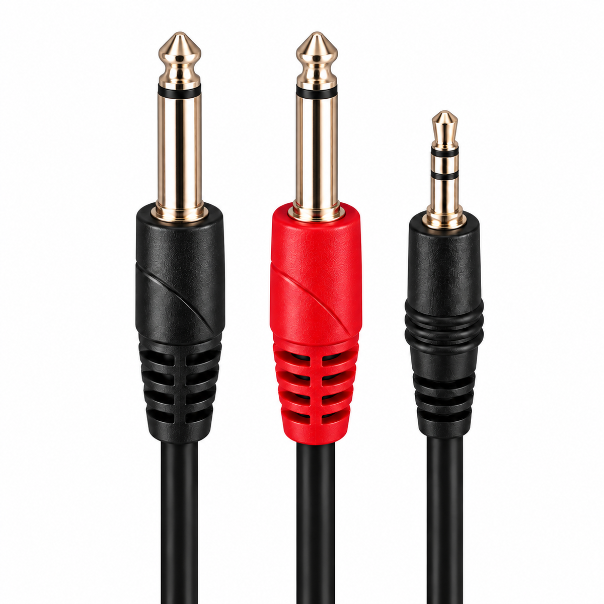 Upright product connectors on white: 3.5mm Stereo Jack to 2 x 6.35mm Mono Jacks Cable (Various Lengths)