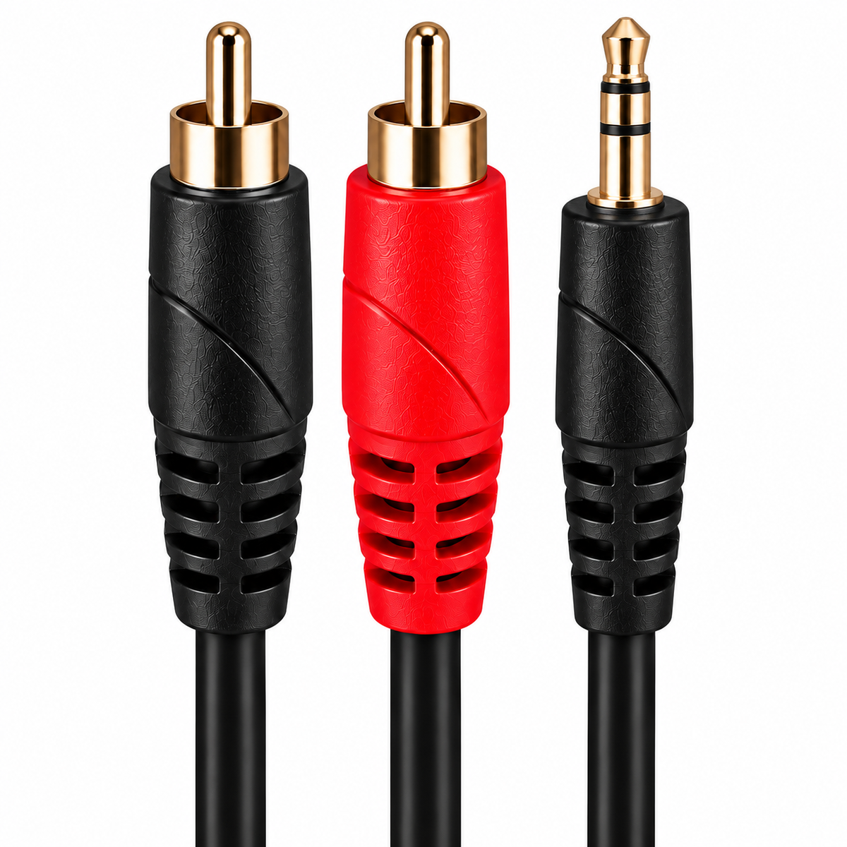 Upright product connectors on white: 3.5mm Stereo Jack to 2 RCA Phono Adaptor Lead (Various Lengths)