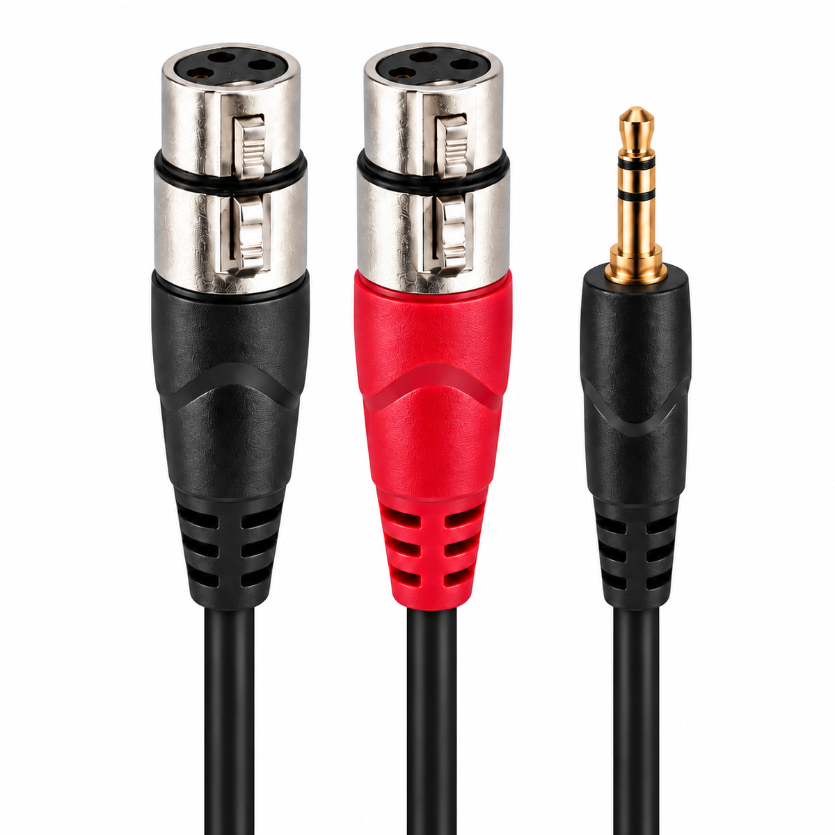 3.5mm stereo plug and two XLR female sockets aligned in a square product image