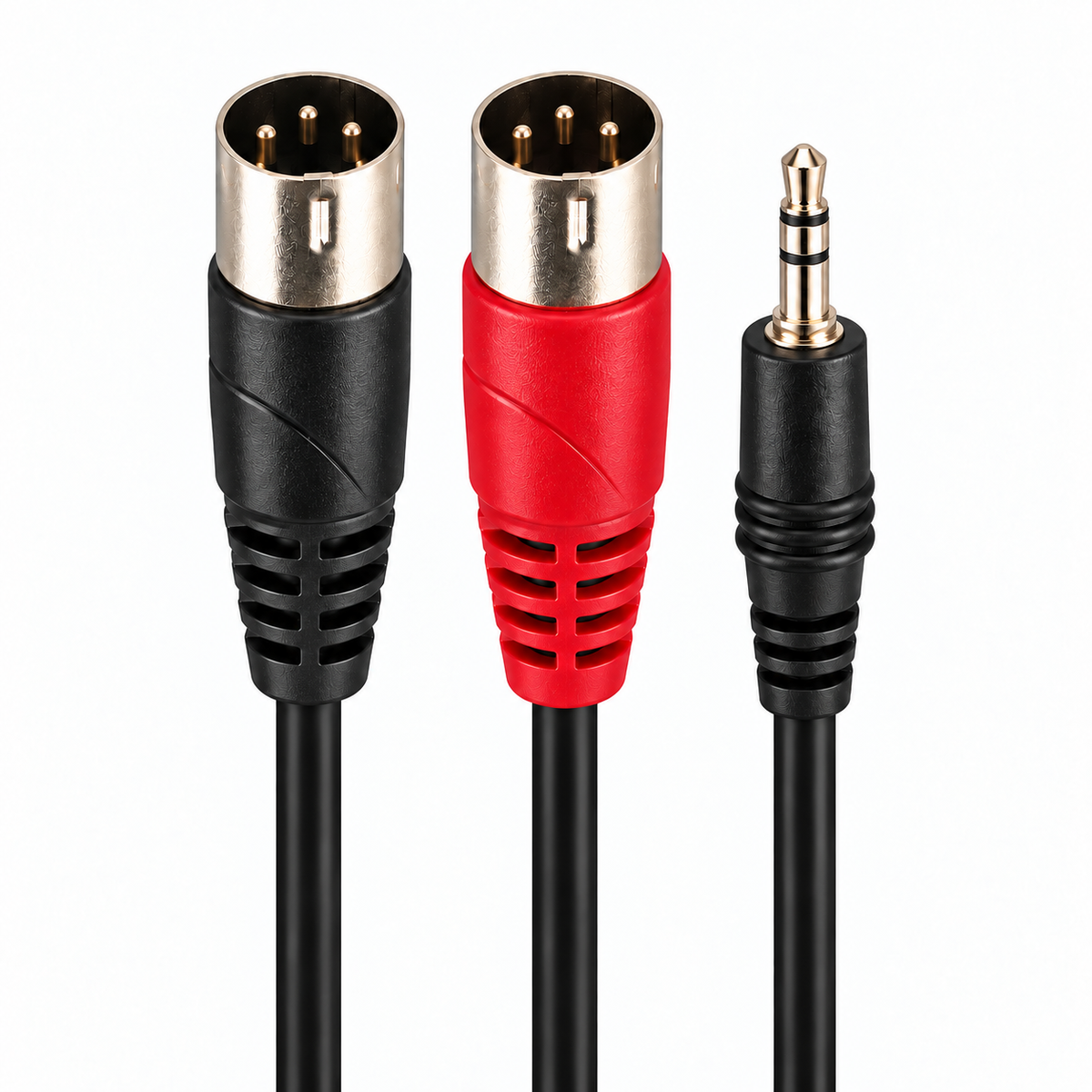 3.5mm stereo plug and two XLR male plugs aligned in a square product image