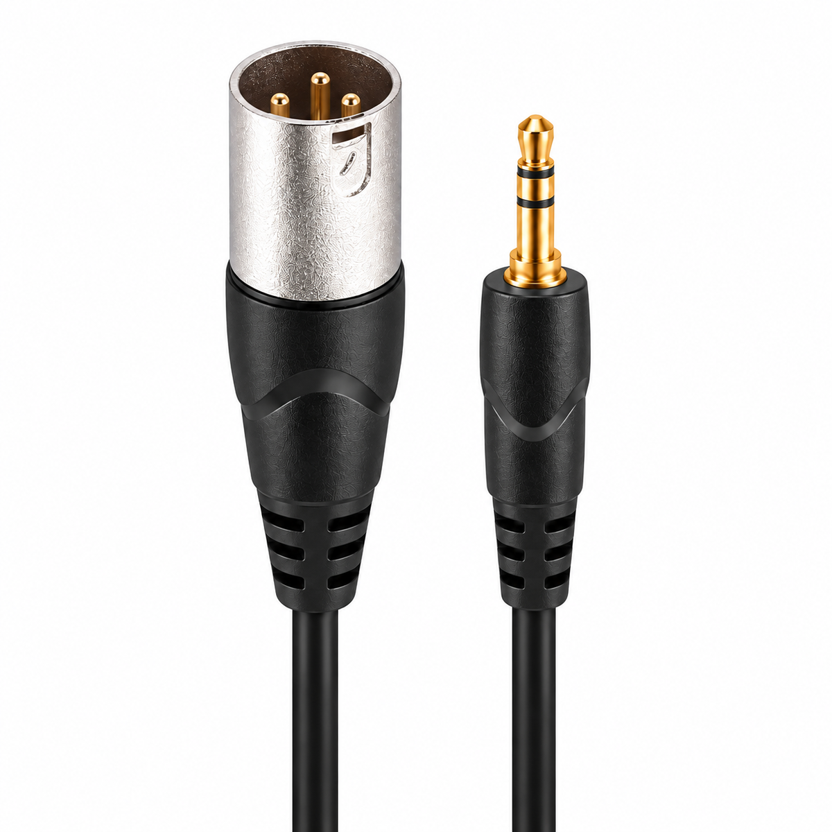 3.5mm stereo plug and XLR male plug aligned in a square product image