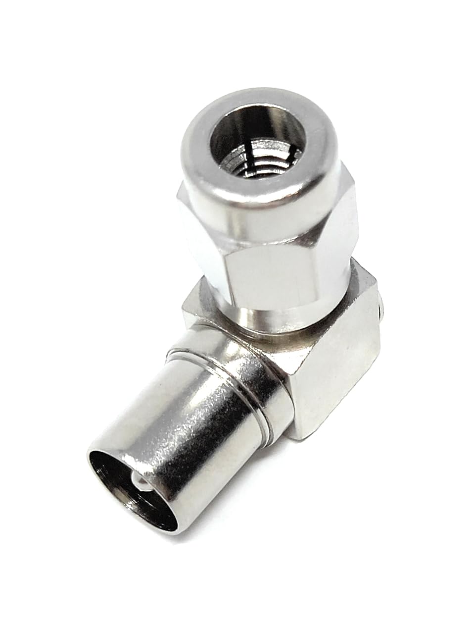 DRUT TV RF Coax Right Angle Adapter, With One end as a Male and the Other end as a Push-in with a Screw, designed for aerial cables
