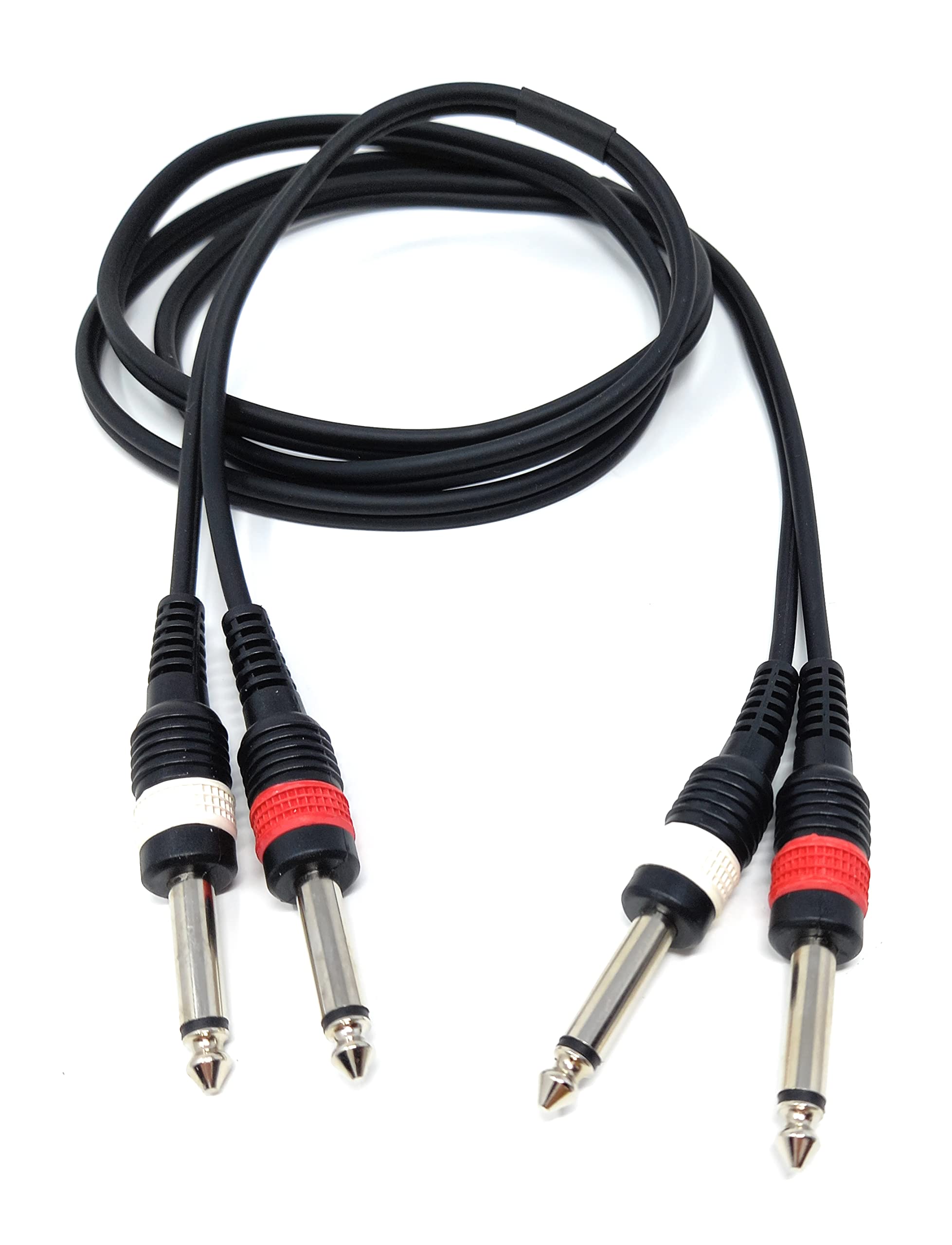 Twin 6.35mm Mono 2 x Jack to 2 x Jack Shielded Cable Lead, Rubber Reliefs, Helical PVC Cord, Nickel Connectors