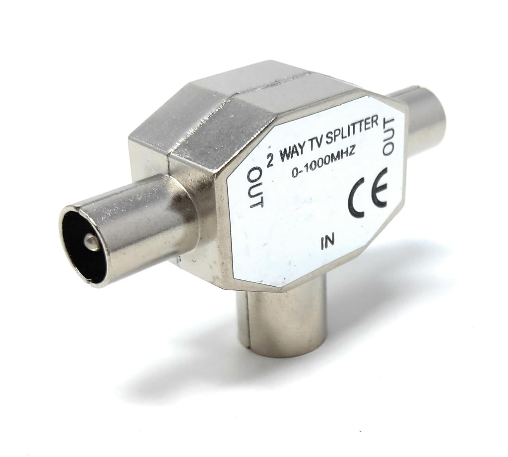 DRUT TV Antenna Adapter Distributor Splitter, 1 Female Socket in 2 Male Out, IEC Coax Cable, Aerial Digital Antenna Adaptor