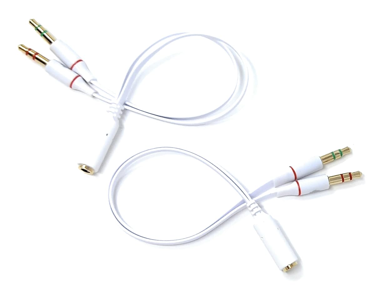 DRUT 2pcs 4 Pole 3.5mm Socket to 2x 3.5mm Plugs Headset with Microphone Converter Cable Adapter (White)
