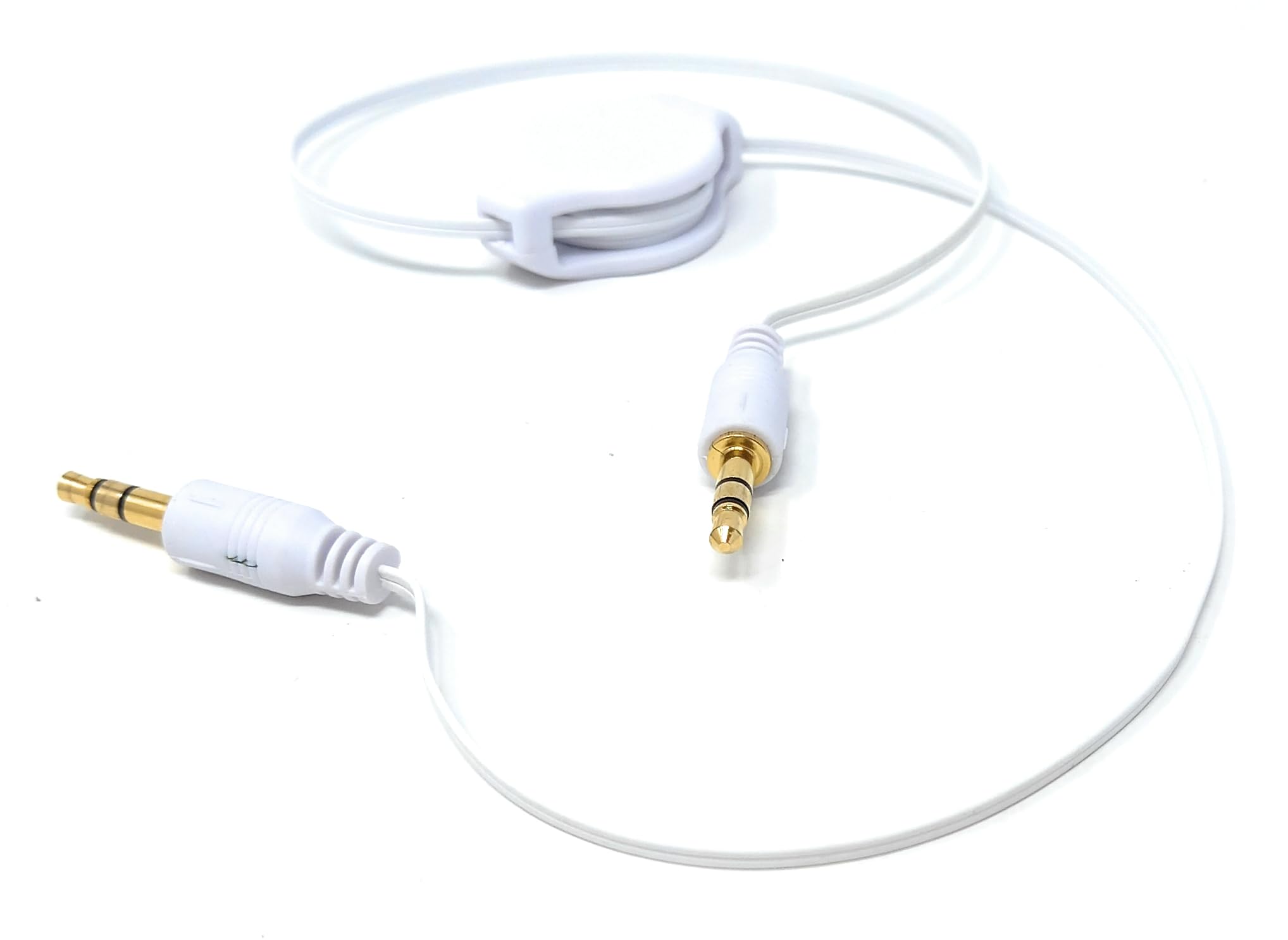 DRUT 3.5mm Retractable AUX Cable – 0.8m Male to Male Stereo Jack Lead, Compact Audio Cable for Car, Headphones, Speakers, Phones – White