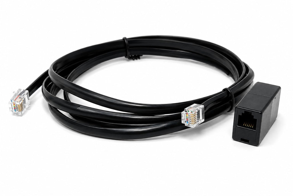 DRUT RJ12 to RJ12 (RJ11) 6-Pin Male to Male Cable with Female Coupler, Gold-Plated Connectors for BT Telephone, Broadband, and Modem Extension