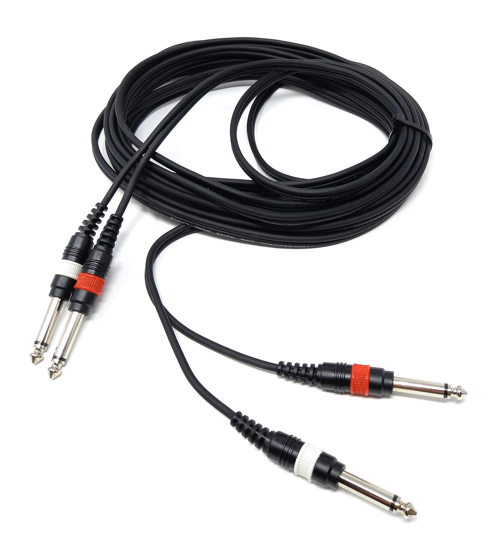 Twin 6.35mm Mono 2 x Jack to 2 x Jack Shielded Cable Lead, Rubber Reliefs, Helical PVC Cord, Nickel Connectors