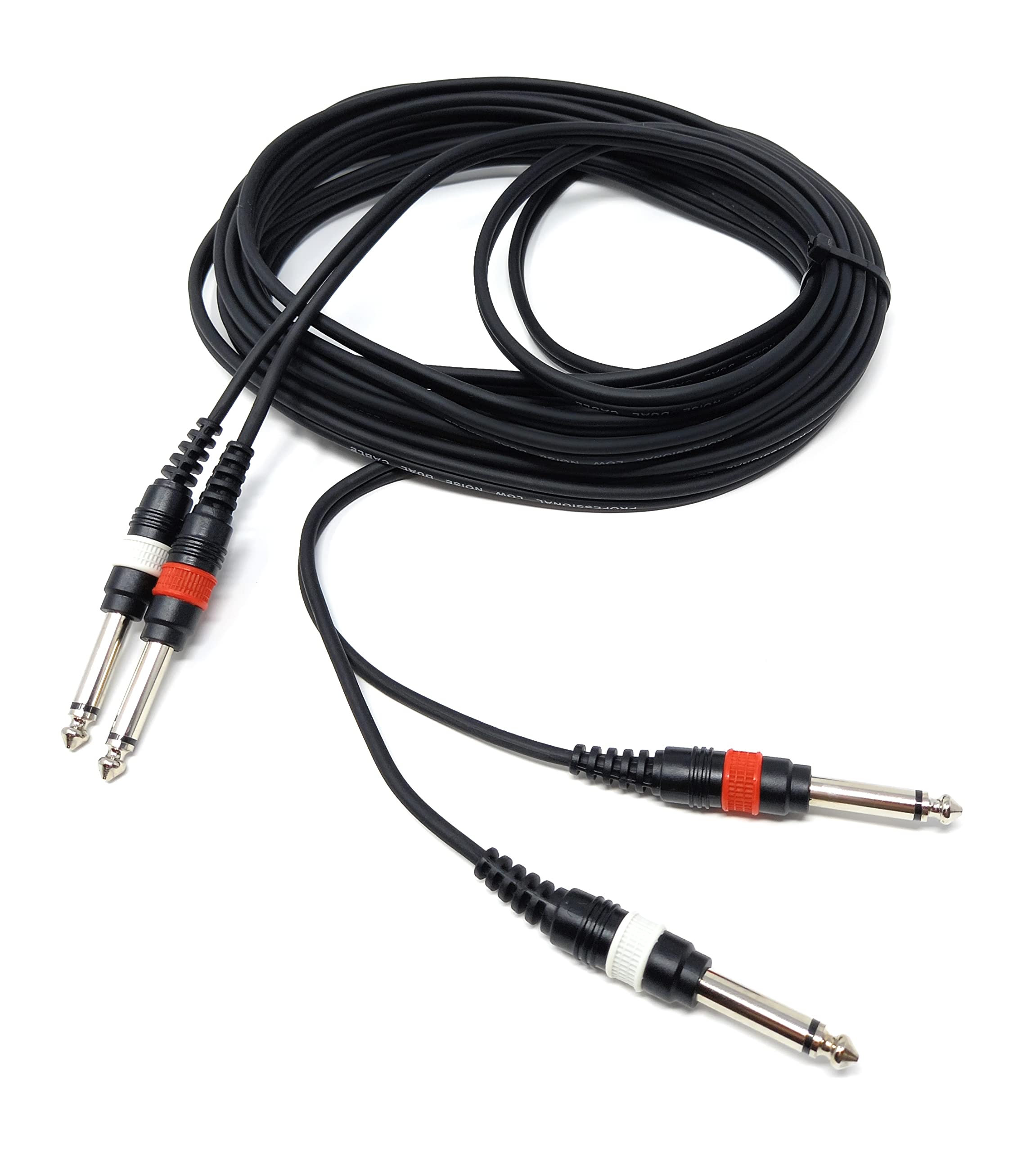 Twin 6.35mm Mono 2 x Jack to 2 x Jack Shielded Cable Lead, Rubber Reliefs, Helical PVC Cord, Nickel Connectors