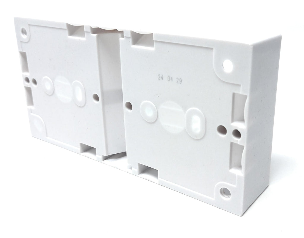 2-Gang Surface Mount Back Box – White Electrical Pattress Box, 172mm x 86mm x 35mm, Twin for Sockets and Switches