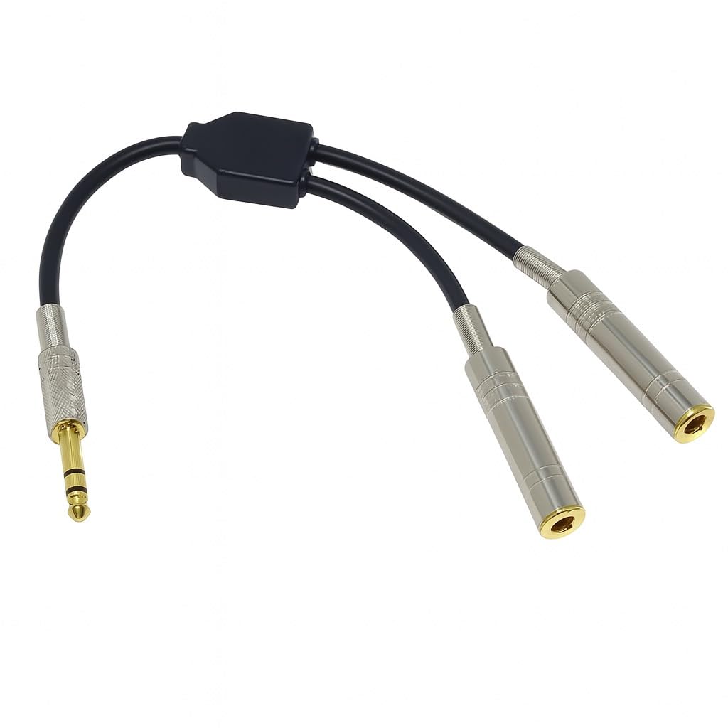 Premium 1/4 Inch TRS Stereo Y-Splitter Cable – 6.35mm Male to Dual 6.35mm Female Adapter, Gold-Plated Connectors, Heavy-Duty Audio Splitter for Headphones, Amps, Mixers, and Studio Equipment