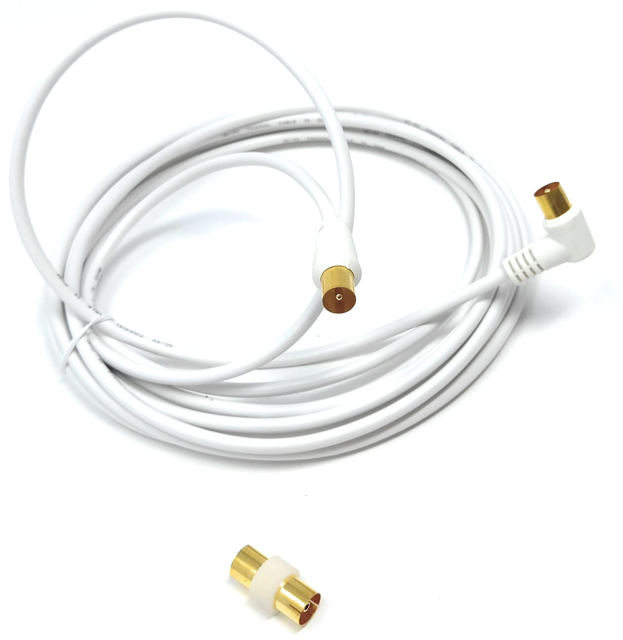 DRUT TV RF Right Angle Male to Male Aerial Antenna Coaxial Cable With Female to Female Coupler Gold Connectors 75 ohm, 3C2V