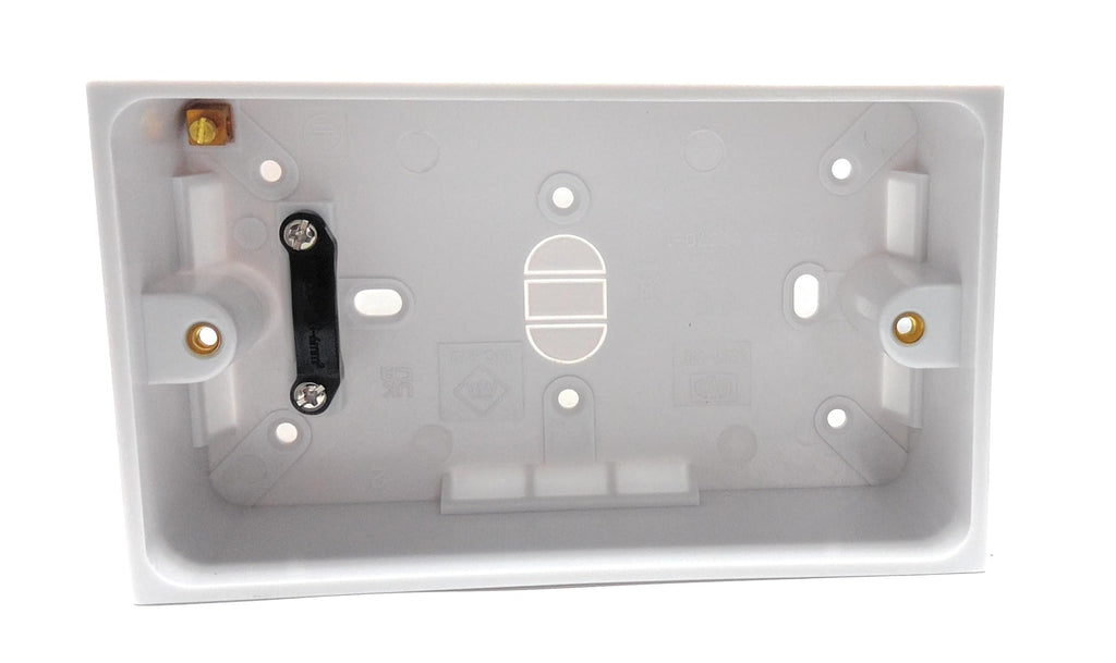 Dual 2 Gang Surface Mount Back Box Pattress Box (47mm Deep) Fitted With Earth Terminals, White
